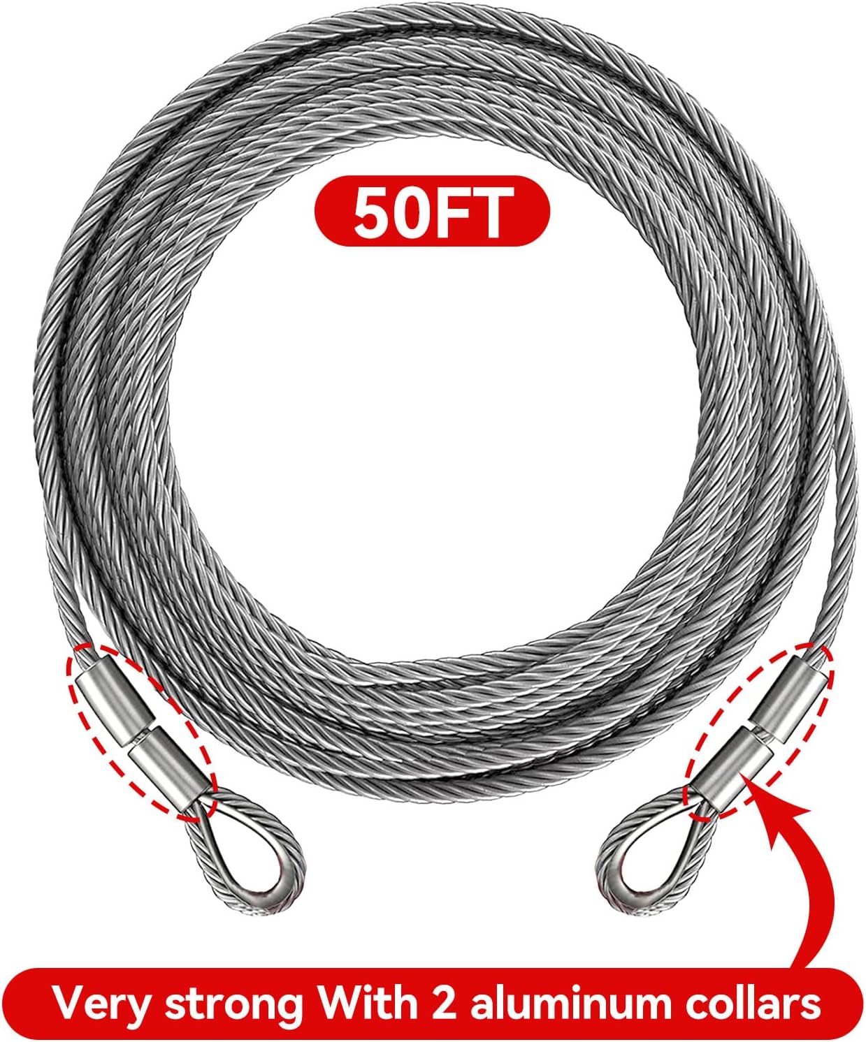 Winch Cable,Towing Cable Heavy Duty,with 2 Pick 3/8" U-clamp Slide Hooks,3/8 inch 7x19 Stranded Construction,13980 lbs Breaking Strength 50 Feet