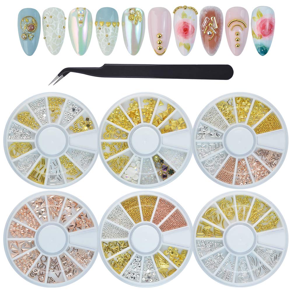 QIMYAR Nail Studs 3D Nail Charms Decals for Women,6 Box Metal Mixed Shaped Nails Art Rhinestones Jewelry Caviar Beads Decorations With Tweezers Supply Kit Gold Silver Rose Gold