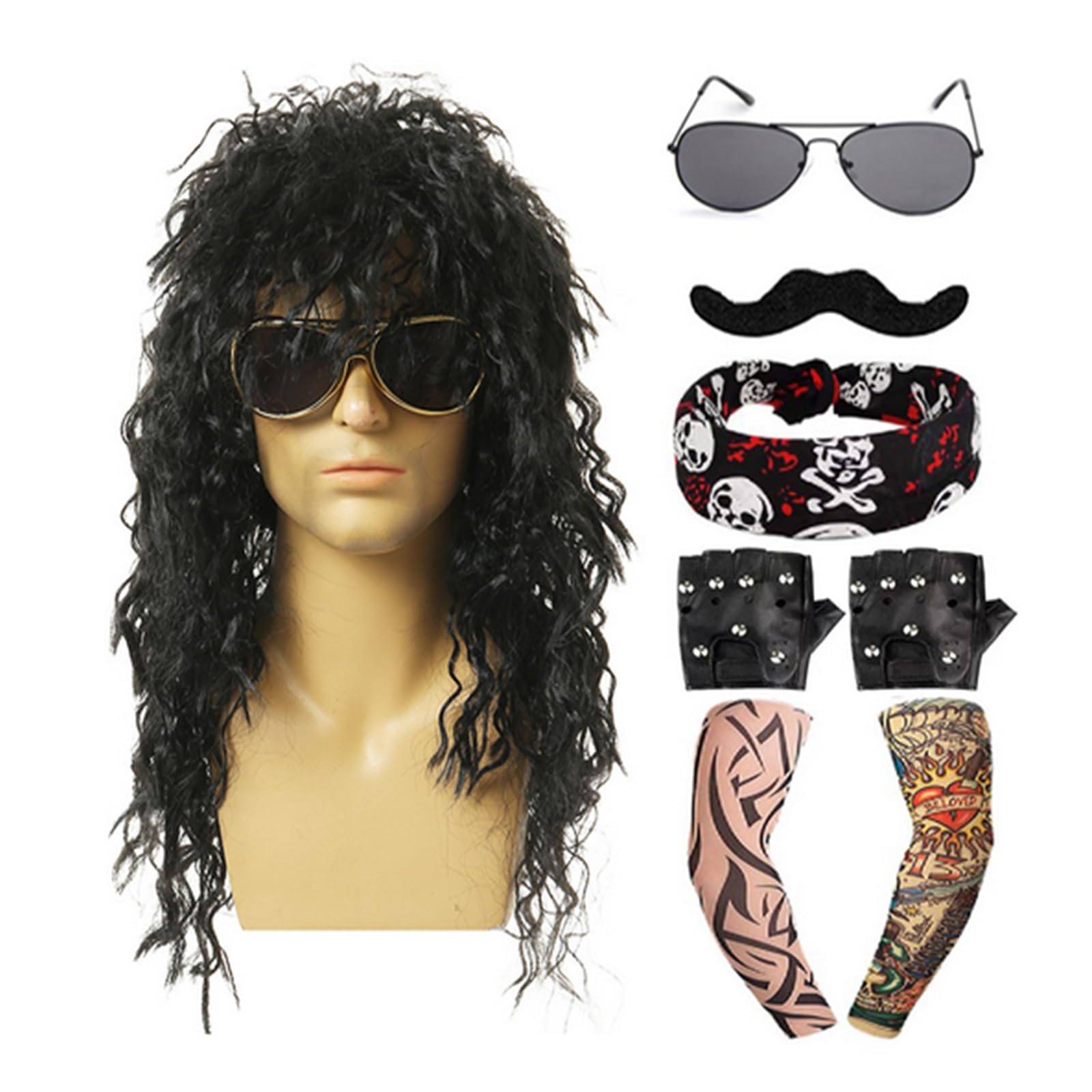80s Fancy Dress Men Wig,Adult Rockstar World Book Day Costumes 70s 90s Punk Gothic Rocker Heavy Metal(Wigs+Sunglasses+Gloves+Bandana+Tattoo Sleeves)Halloween Accessories Set(Long-Black,8 Pcs)