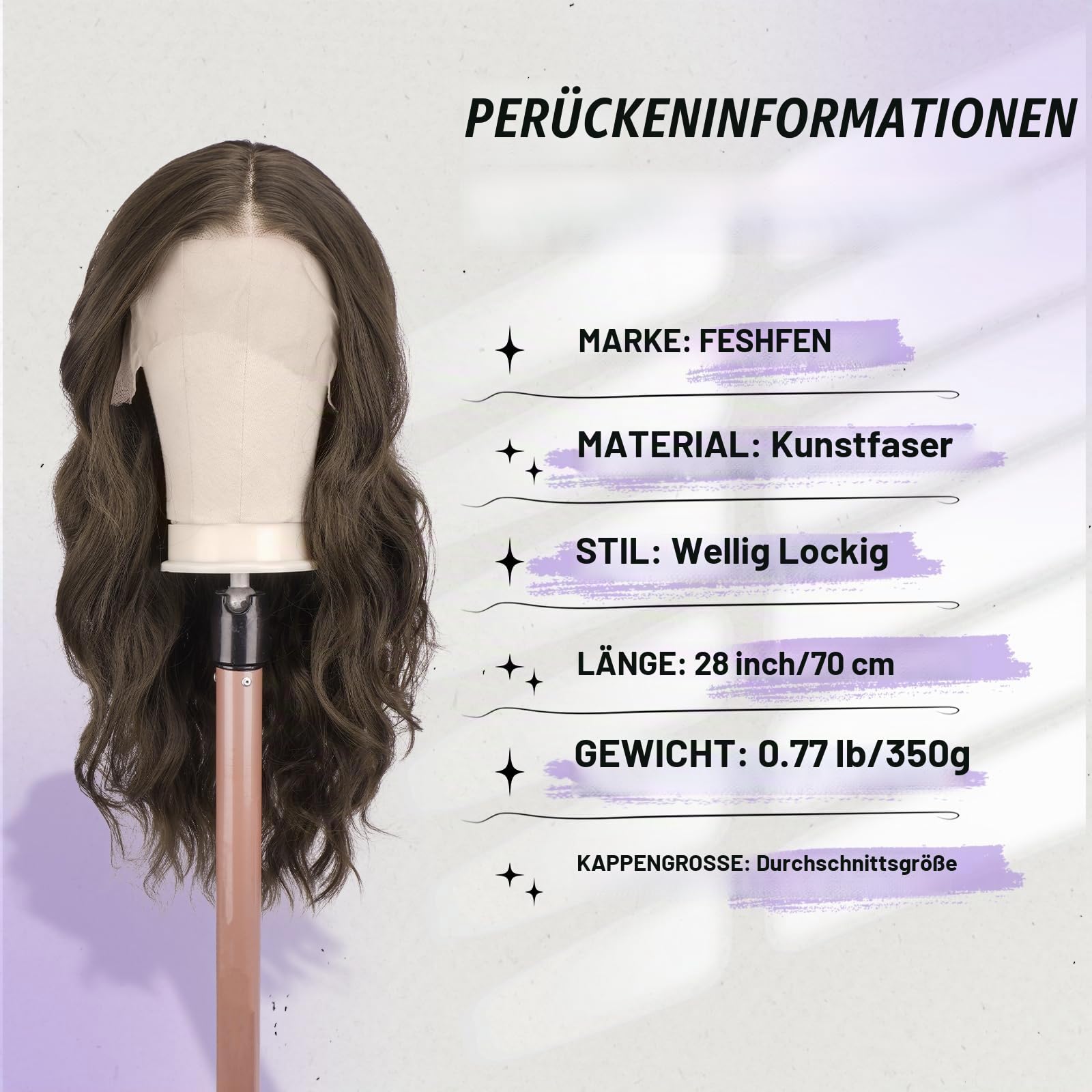 FESHFEN Lace Front Perücke – Lange Lockige Gewellte Kunsthaar Perücken mit 34x11x3 cm HD Lace Perücke für Frauen, Mittelbraun 70 cm