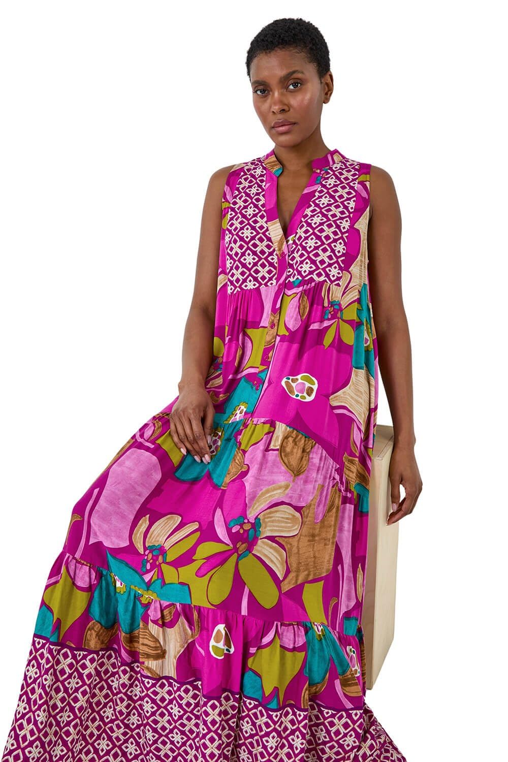 Roman Patchwork Shimmer Smock Tiered Midi Dress for Women UK - Ladies Spring Everyday Summer Holiday V-Neckline Comfy Sleeveless Soft Button Down Frock Beach Vacation Gowns - Purple - Size 10
