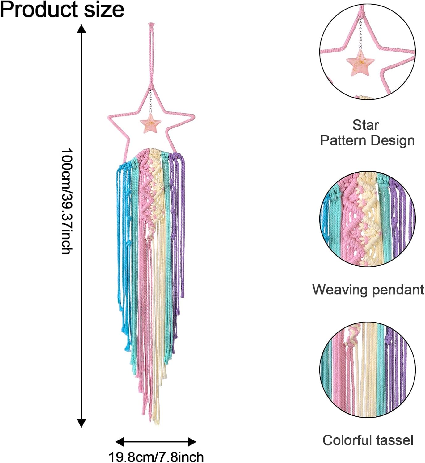 Moon Dream Catcher Decoration, Woven Dream Catcher with Tassel Colorful Moon Dream Wall Hanging Decoration Dream Catcher Wall Hanging for Baby Girl Bedroom Home Decoration (Star)