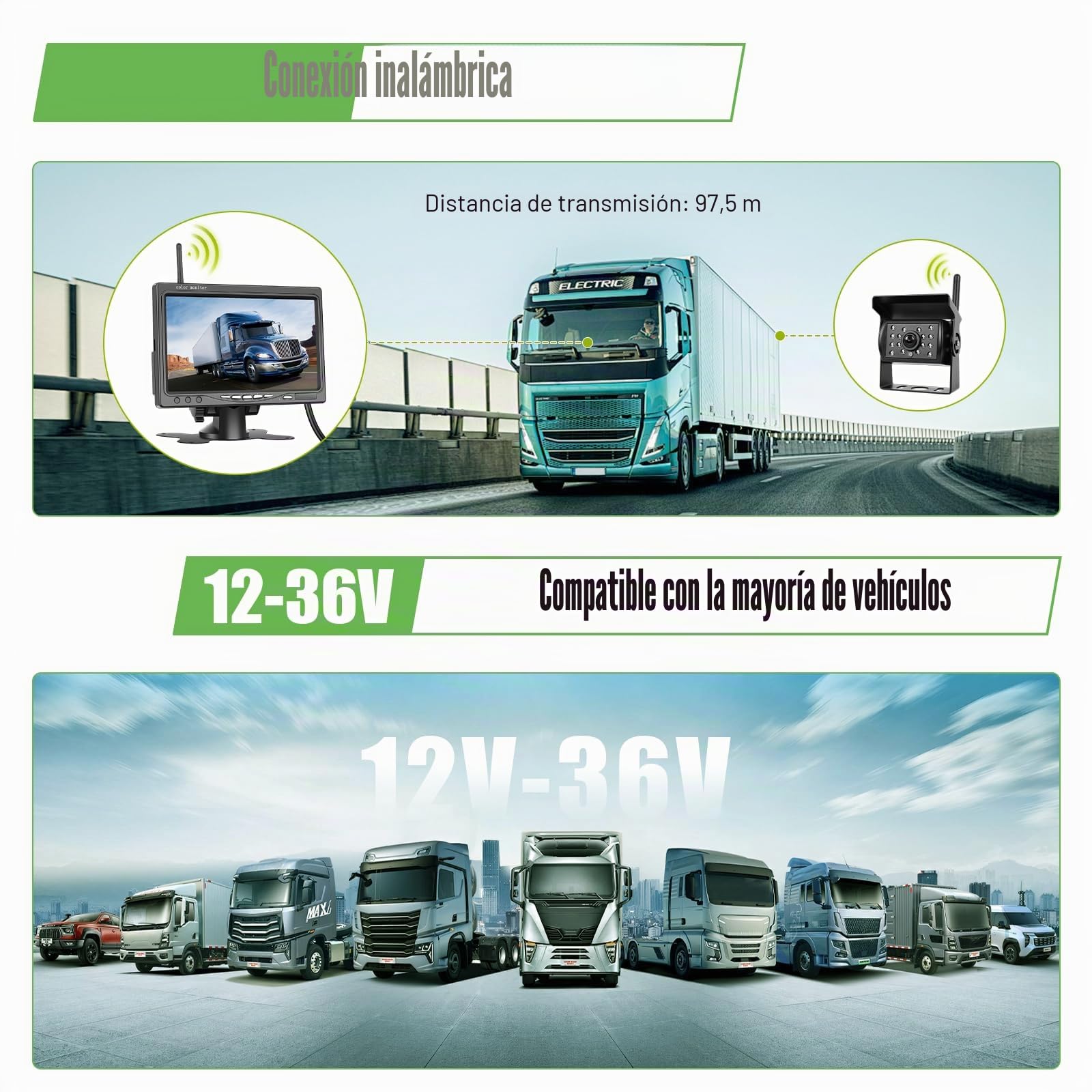 Camara Marcha Atras Inalámbrica 7 Pulgadas IPS HD Monitor Kit, Cámara Trasera con BSD, Impermeabilidad IP68, Visión Nocturna, Súper Gran Angular para Camper RV Camión Caravanas Remolques, 12V-36V