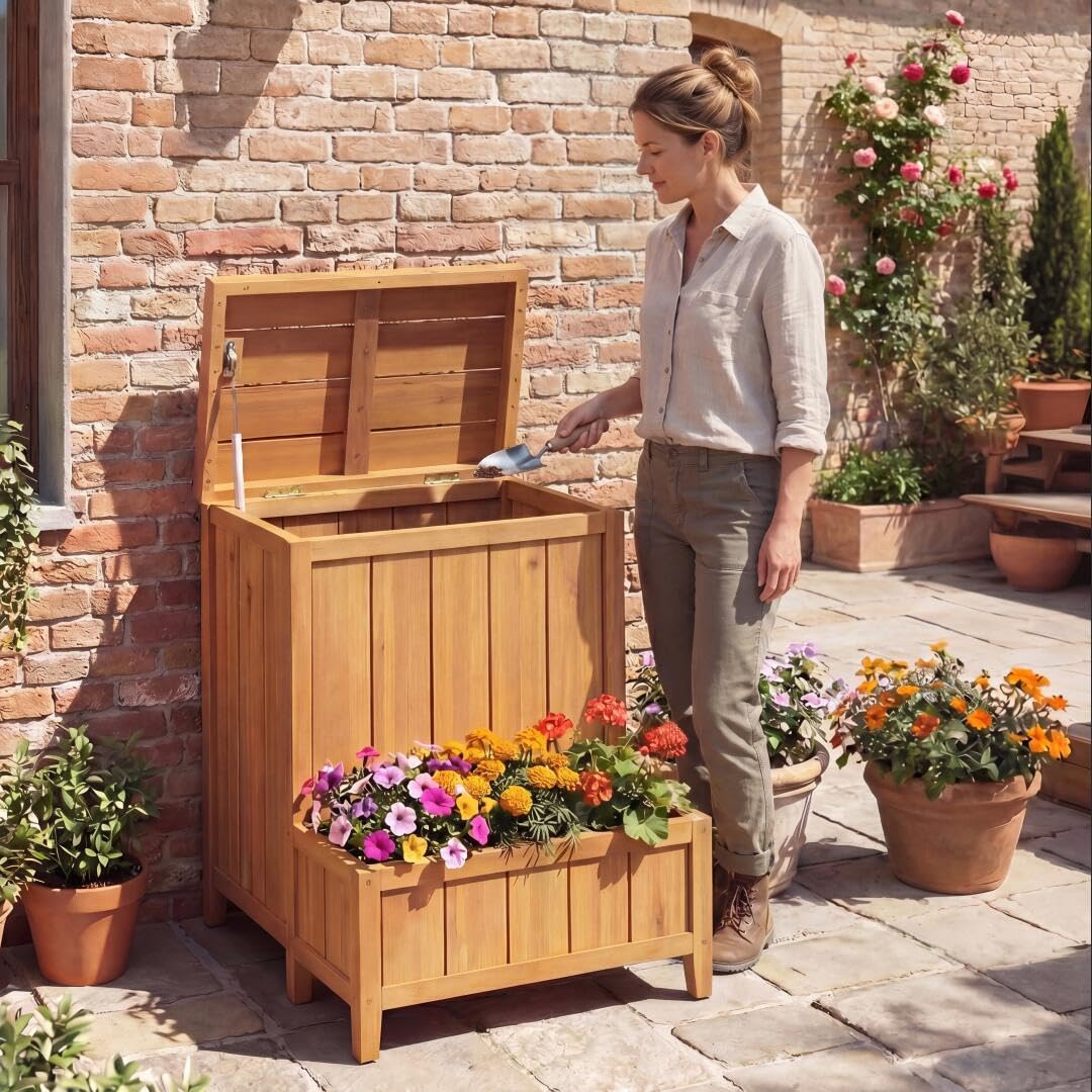 HOMASIS 2 in 1 Paketbox mit Pflanzkübel, Paketannahme mit Blumenkasten aus Holz, Auflagenbox mit Deckel & Gasdruckfeder, multifunktionale Aufbewahrungsbox für Terrasse & Garten, Natur