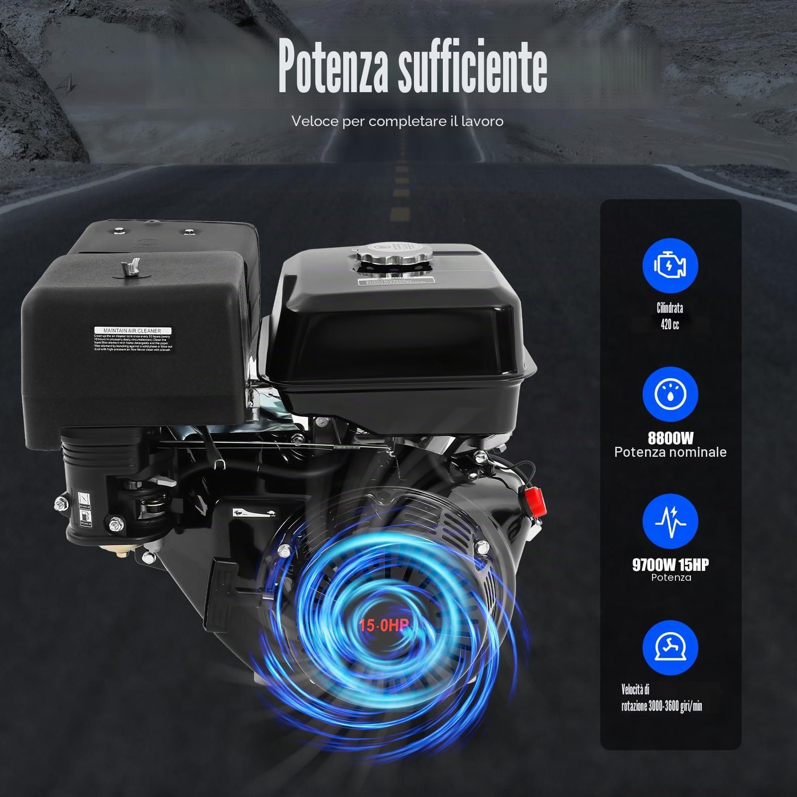 Motore a Benzina GXSFLG 15 CV 420CC, a 4 tempi, motore fisso, motore industriale, OHV con raffreddamento ad aria, albero da 25mm, 3600 giri/min, con funzione di allarme olio, per go-kart