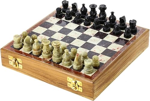 Miniatura 2 de StonKraft - Tablero de ajedrez de 8 "x 8" con base de madera con incrustaciones de piedra y juego de piezas de piedra