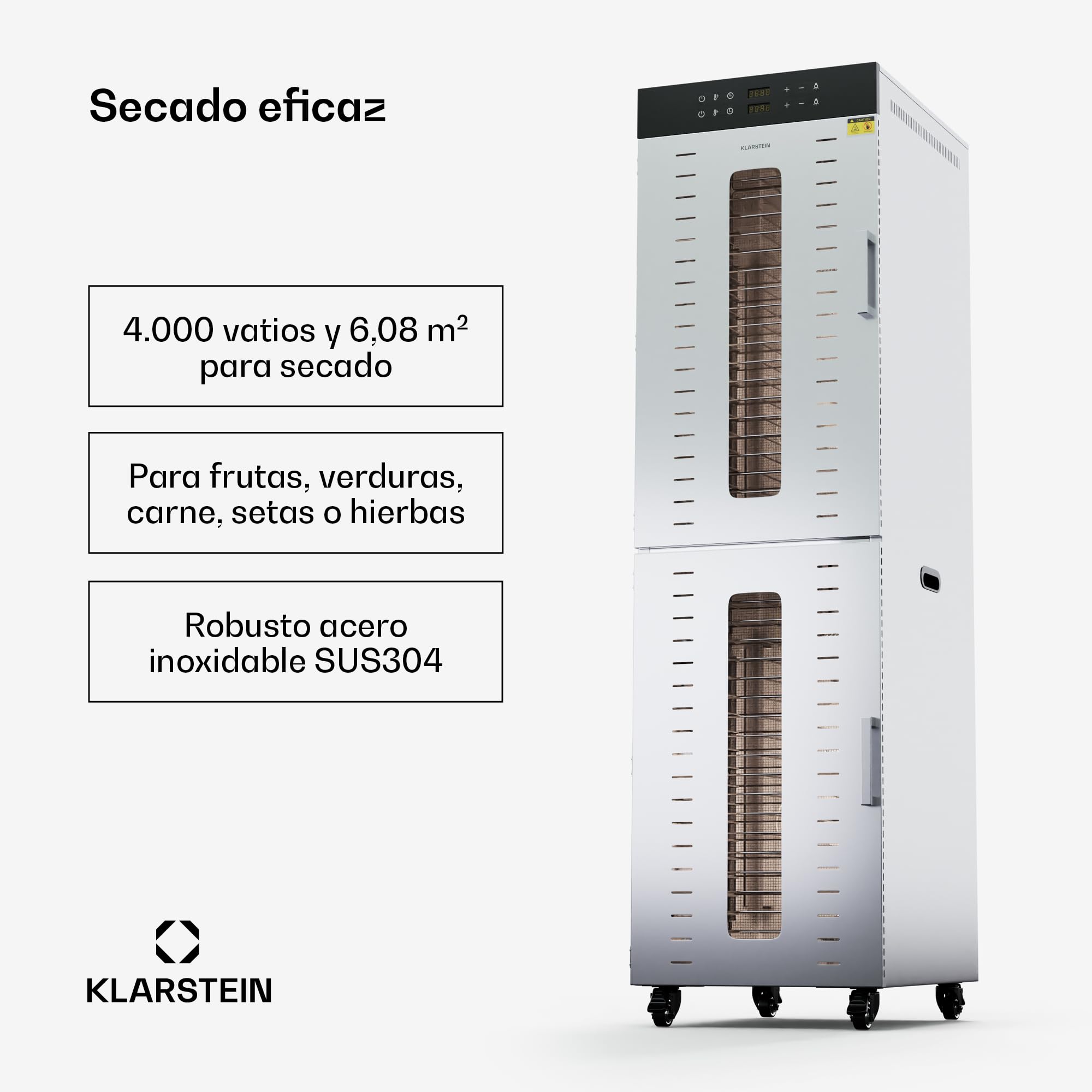 Klarstein Deshidratador De Alimentos, 4000W, 40 Bandejas Acero Inoxidable, 30-90 °C, Temporizador 24h, 6 Ventiladores, 2 Cámaras, 50-55 dB, Ideal Para Frutas, Verduras, Carne, Hierbas, Plateado