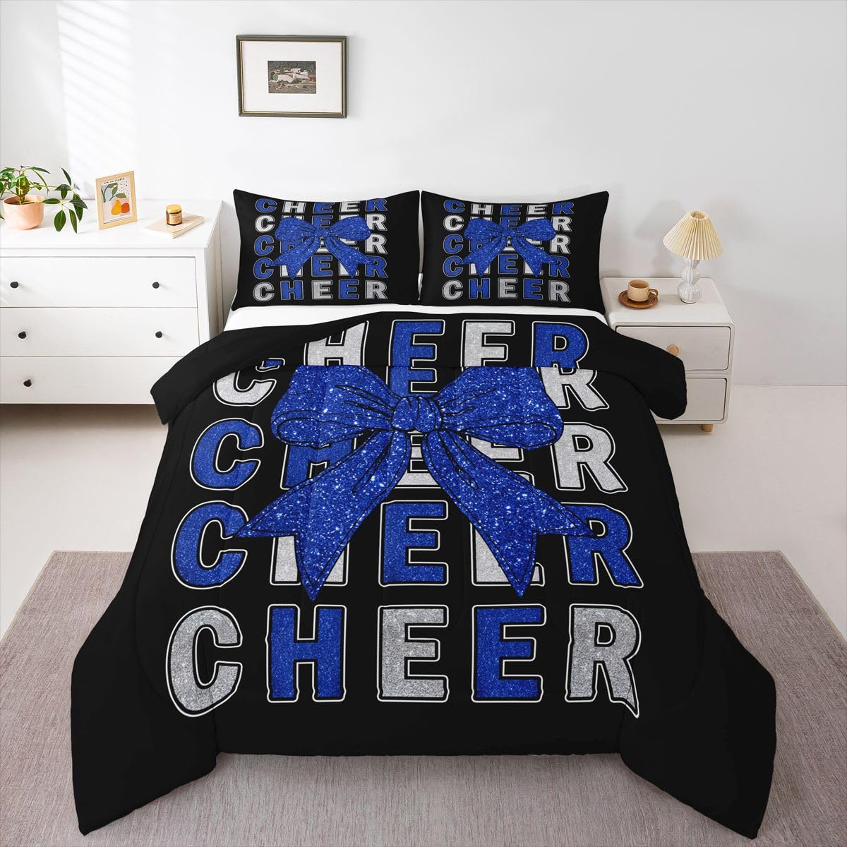 Feelyou Bowknot Cheer Bedding Set Soft for Boys Girls, Blue Cheerleading Comforter Set Full Size Glitter Cheerleader Duvet Quilt Microfiber Cheer Bow Bedroom Decor 3 Pcs with 2 Pillow Cases