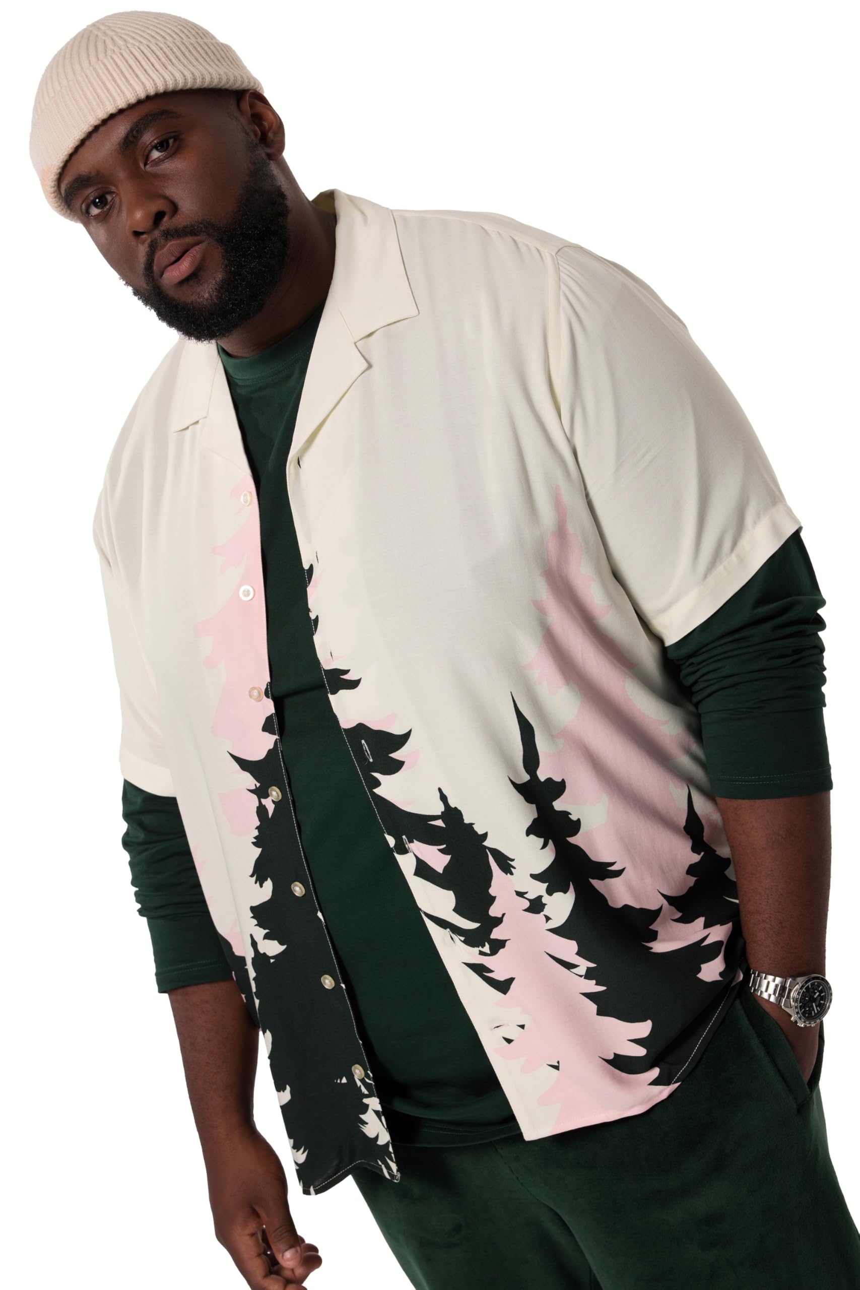 STHUGE Hemd, Halbarm, Alloverprint, Cuba Kragen, kastiger Fit 831890