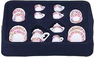 15 Pieces 1:12 Scale Miniatures Dollhouse Porcelain Tea Cup Set,Flower Pattern,1:12 Simulation Dollhouse Accessories Kitchen Miniature Porcelain Set Mini Flower Pattern Teapot Cup Plates Set