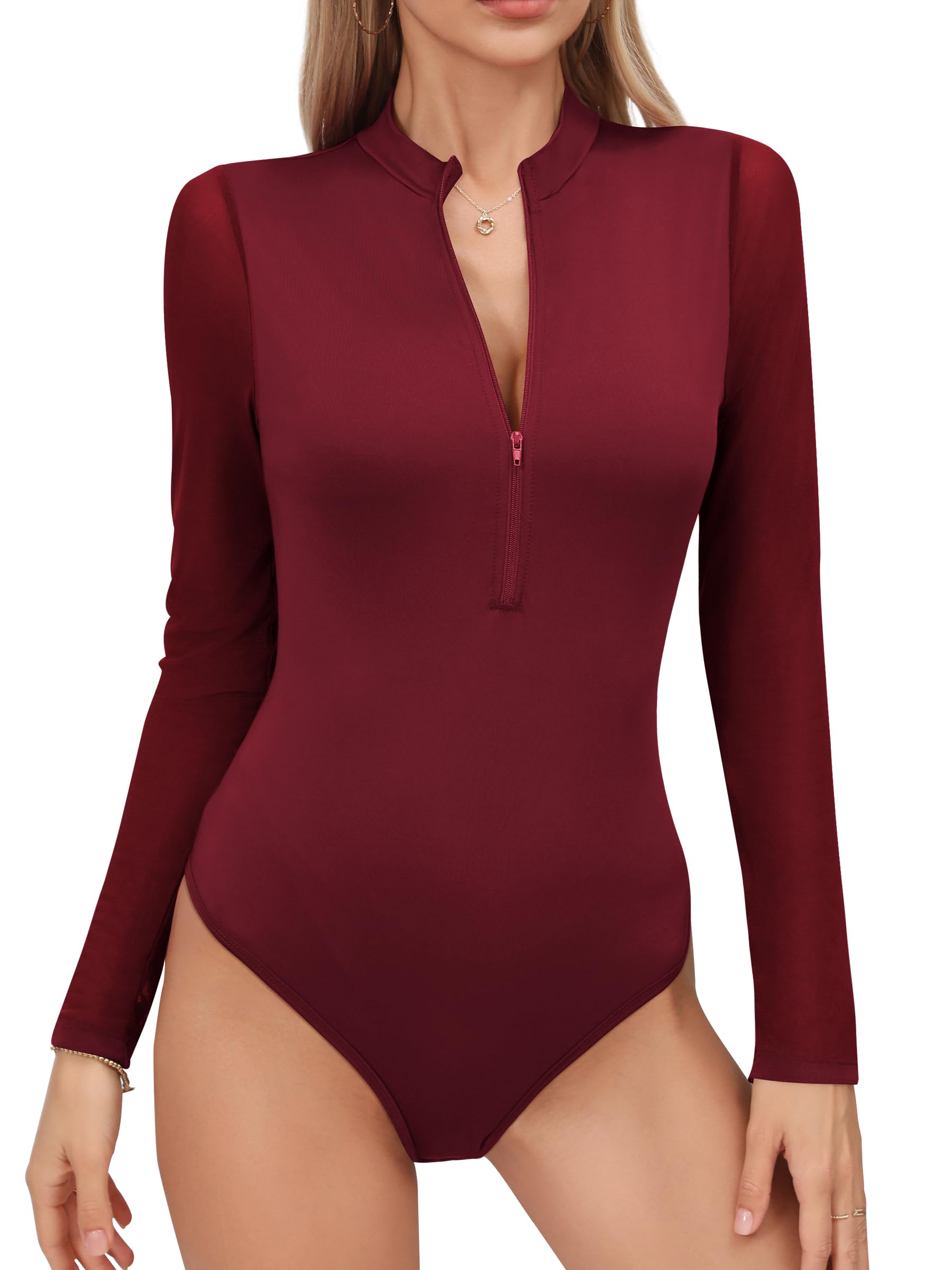 Missufe Damen Langarm Mesh Reißverschluss Body Oberteil T Shirt Top