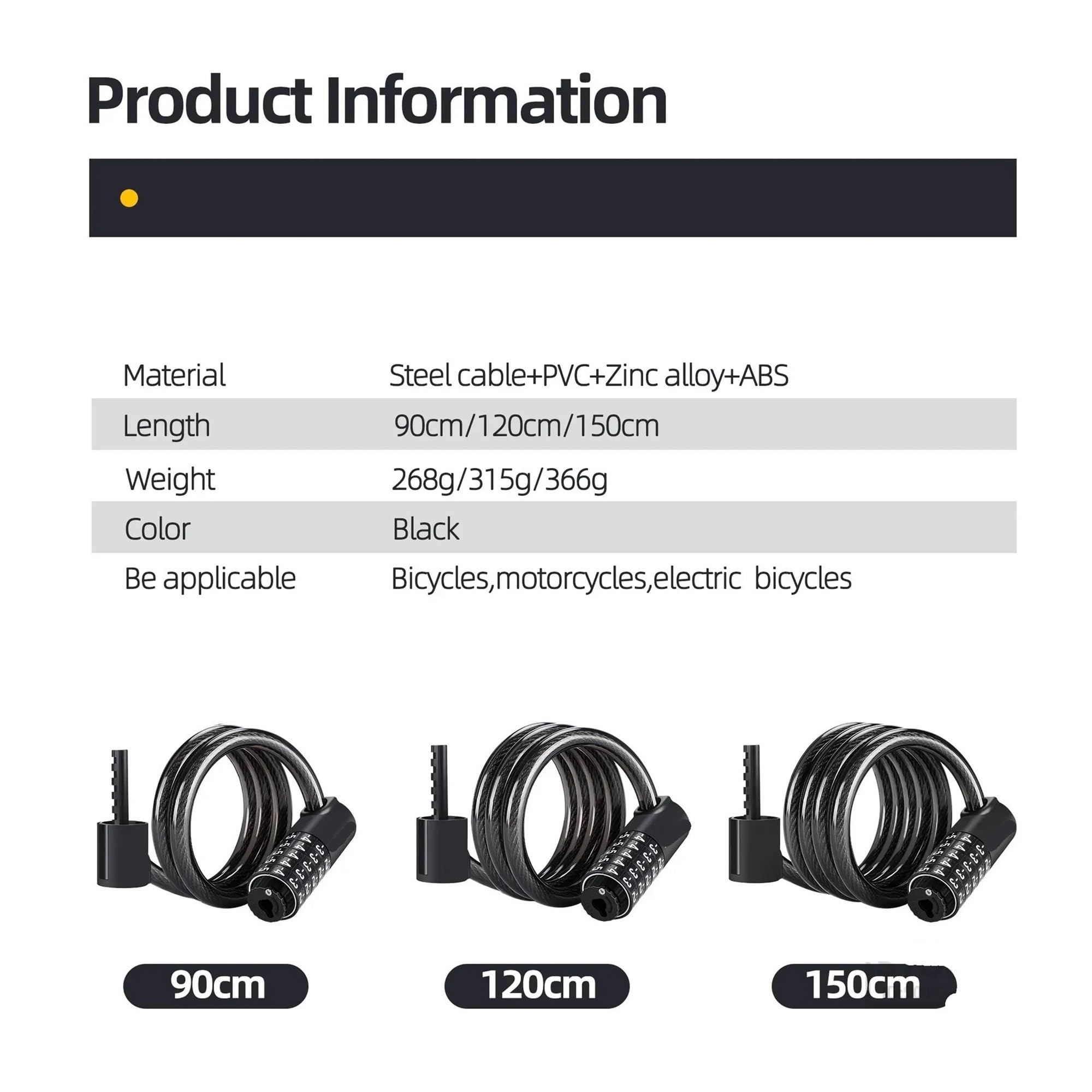 Candado antirrobo for bicicleta, combinación de 5 dígitos, resistente al agua, con cable, for motocicleta y eléctrica, 90 a 150 cm Candado para bicicleta(150cm)
