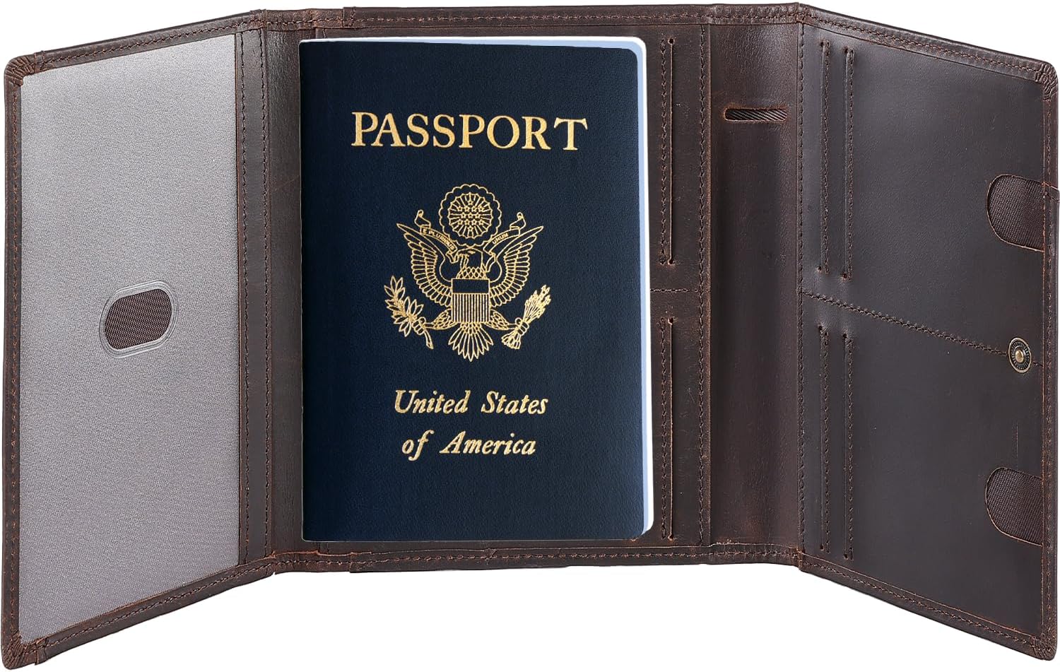 STAR VISTA Domenico Full Grain Leather Pilot Passport Wallet, Trifold Travel Document Organizer with RFID Blocking, Transparent Doc & Dual ID Windows, AirTag Slot, Pen & Travel Notebook