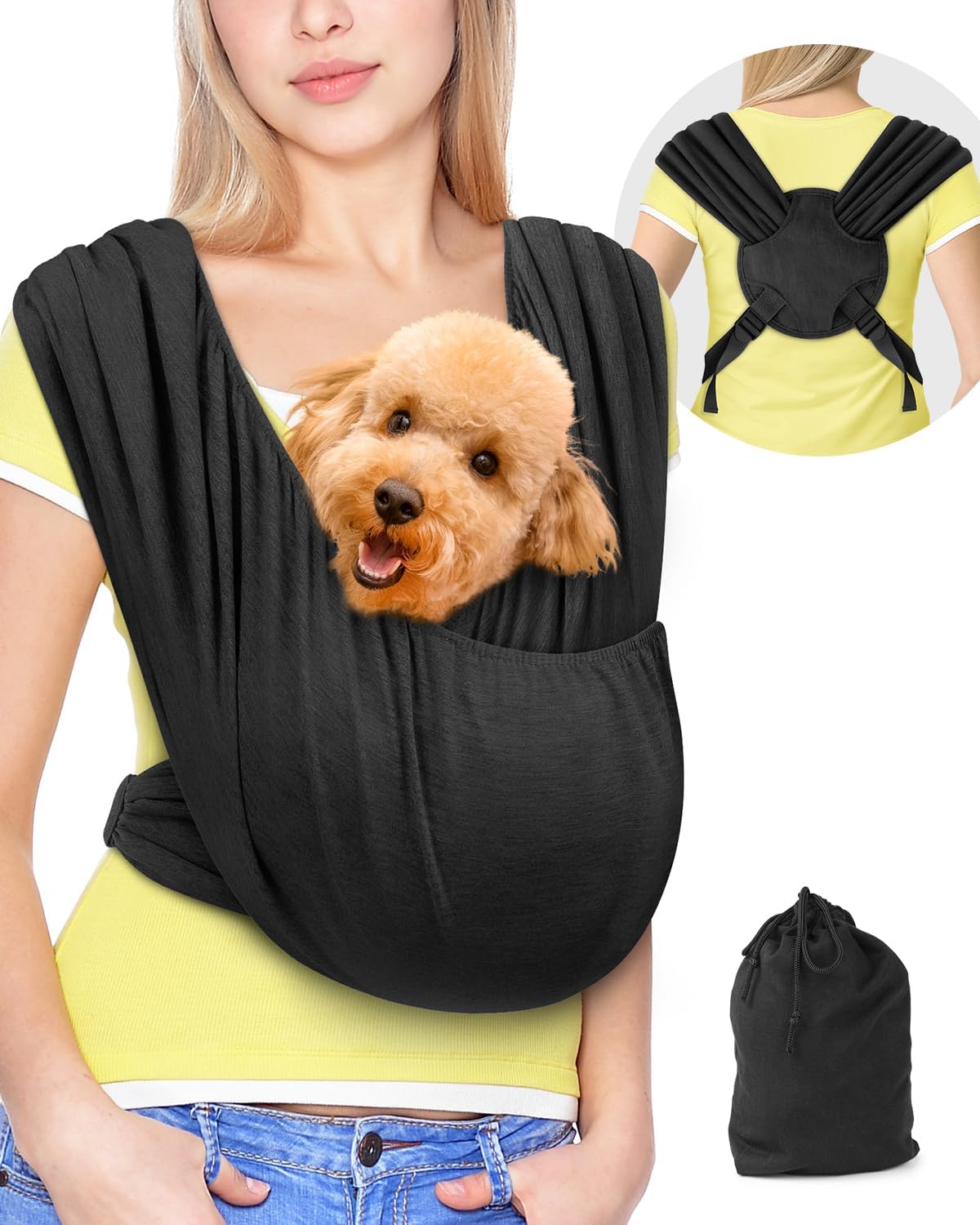 Dog Sling Swaddle Carrier Small Dog Cat Front Facing Carrier for Chest, Hands Free Puppy Carrying Sling Hold for Small Pet up to 13lbs, Adjustable Size, Reducing Back Stress (Black)