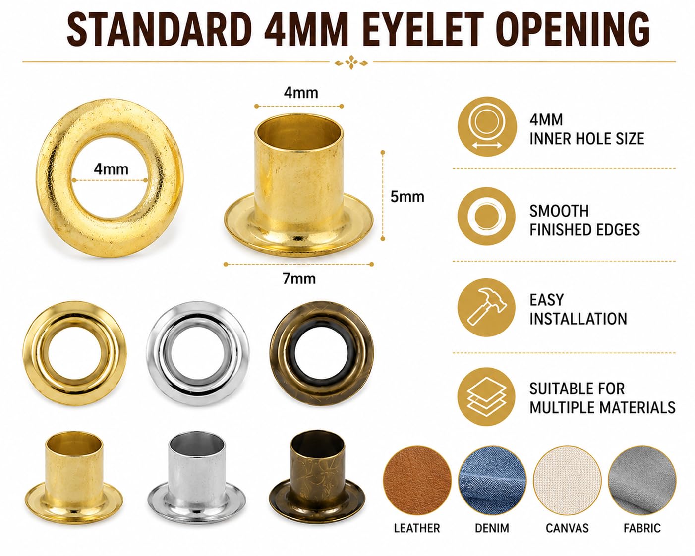 Zenith Combo of Copper, Silver, and Antique Metal Eyelets - 750 Pieces - Round Grommets for Crafts and Accessories | Lightweight and Heavy Duty | Suitable for Clothing, Shoes, Bags and Suitcases 3