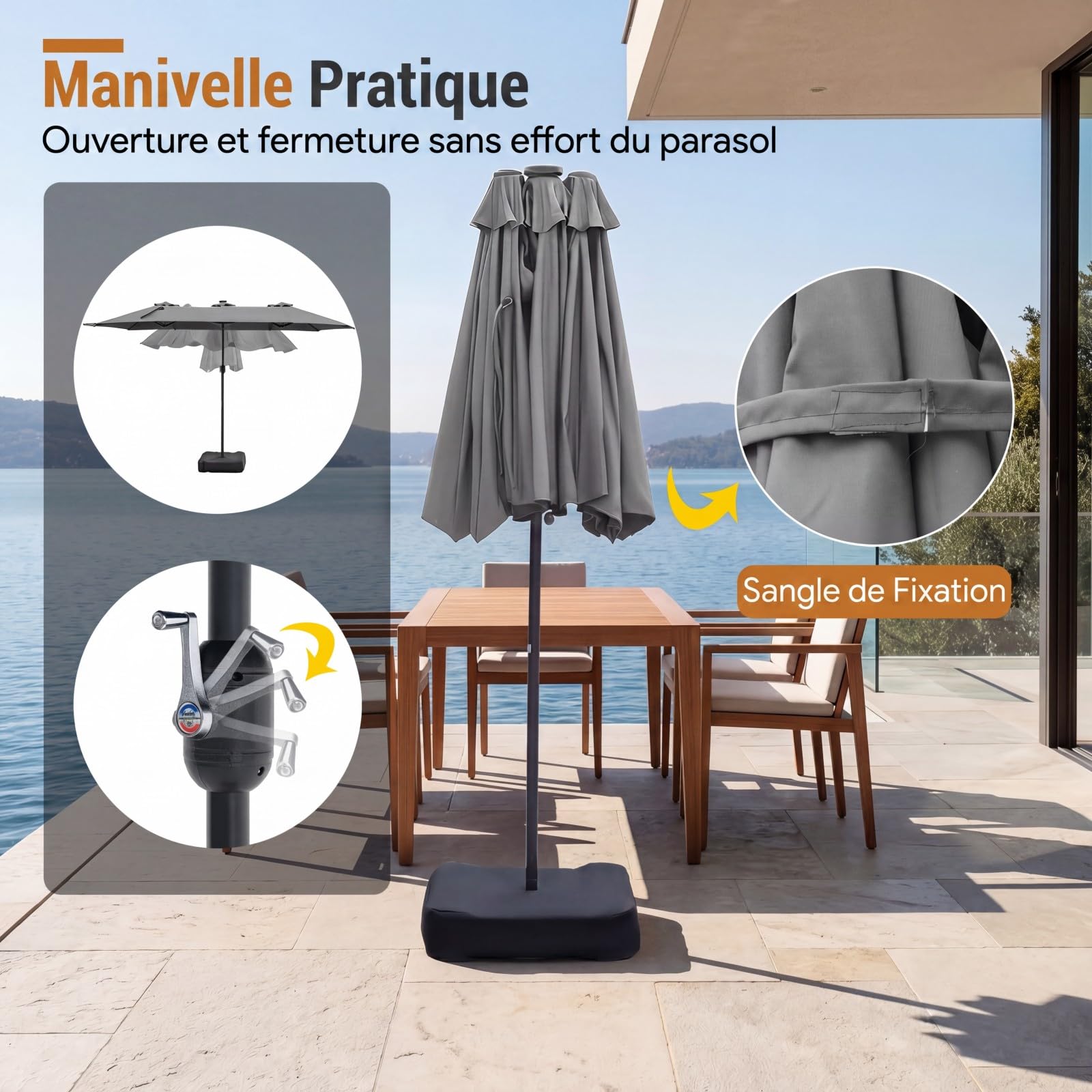 RELAX4LIFE Grand Parasol de Jardin Exterieur LED avec Pied, 4x2M Parasol Double Éclairé pour Terrasse/Piscine/Marché, 12 Baleines Renforcées, Manivelle, Protection Solaire pour 6-8 Personnes (Gris)