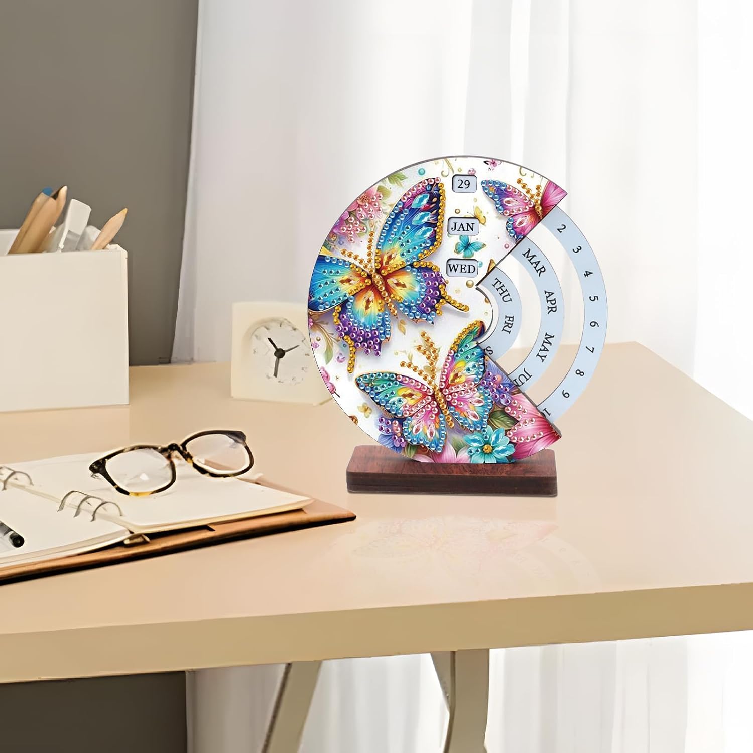 AiYuanzsh Diamond Painting Tabletop Perpetual Calendar – 3D DIY Wooden Desk Ornament with Colorful Butterfly Design, Sparkling Diamond Art Kit for Desktop Decoration & Gifts