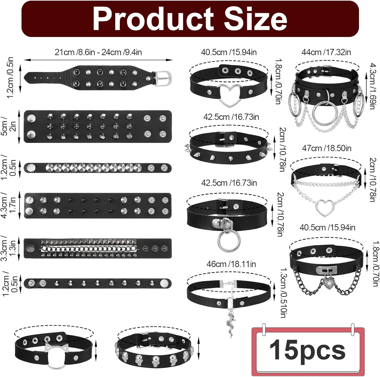 Black Punk Goth Choker Necklace & Spiked Studded Bracelets Set, 9 Adjustable PU Leather Collars & 6 Rivet Spiked Cuffs, Gothic Rock Metal Wristband for Daily Wear Cosplay Festival