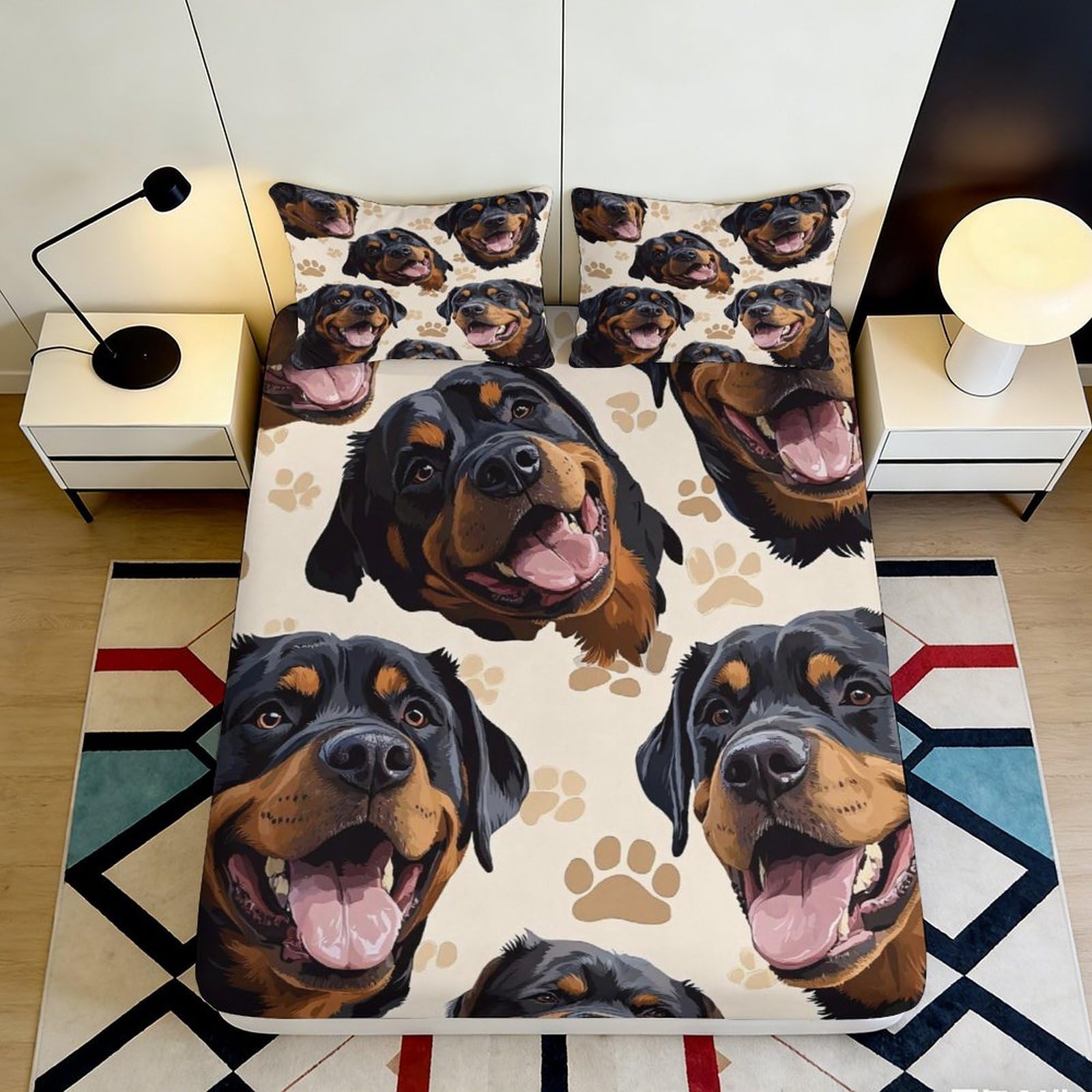 3D Printed Rottweiler Dog Fitted Sheet Microfiber Soft Durable Paw Print Bed Cover for Bedroom Dormitory Guest Room Mattress Protection Decor 200x200x25cm