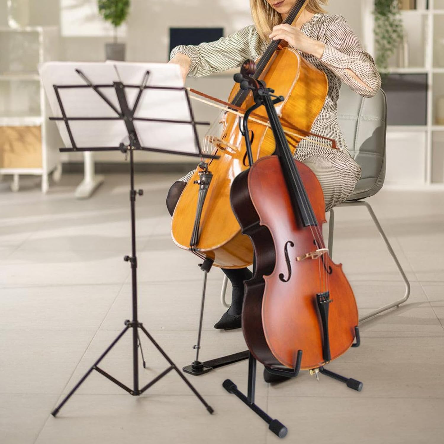 Levemolo Professional Cello Stand with Sponge Padding Protective Support Portable Music Instrument Holder Black for Home and Studio Use