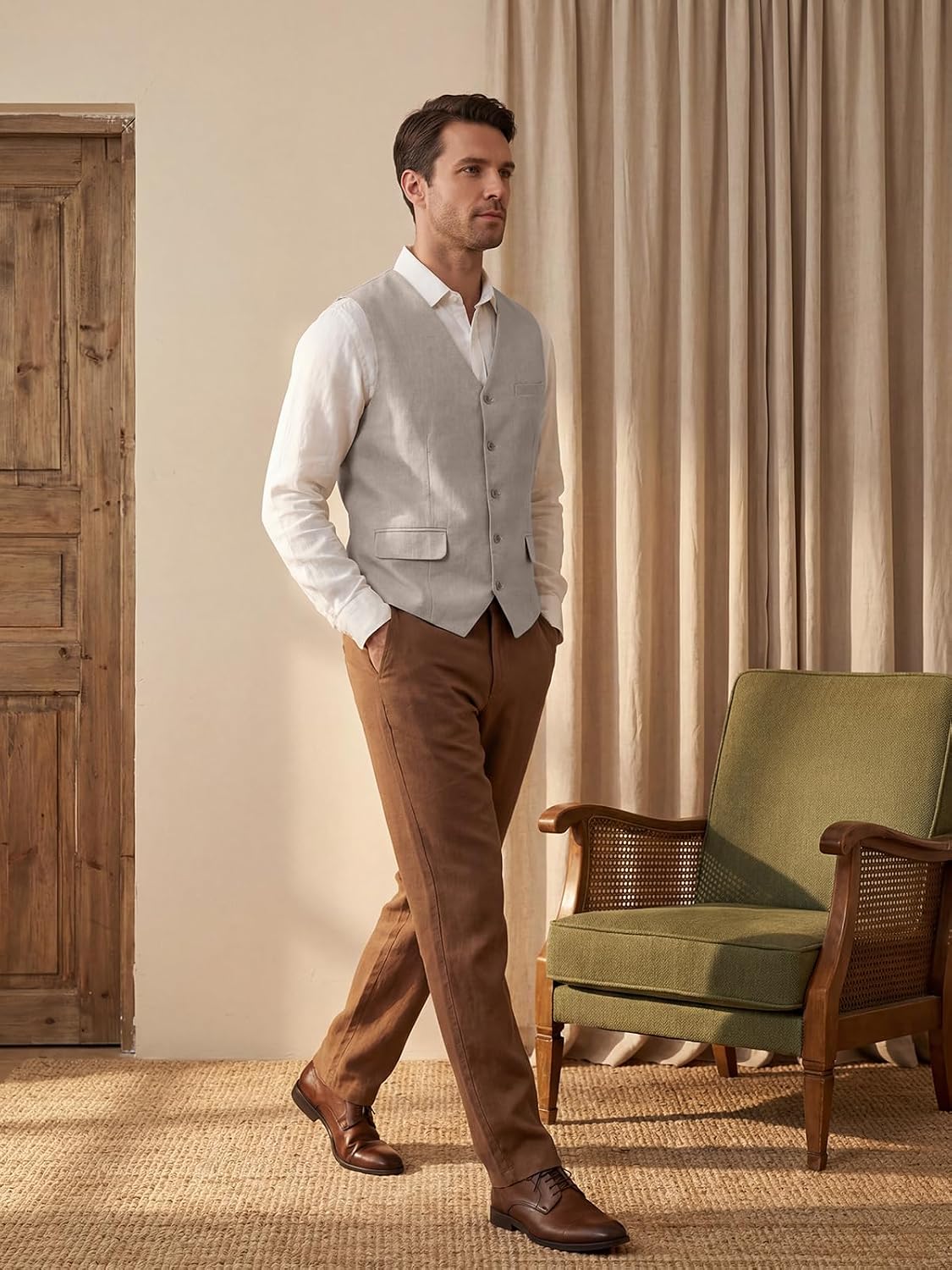 SOLOVEDRESS Men's Casual Linen Suit Vest