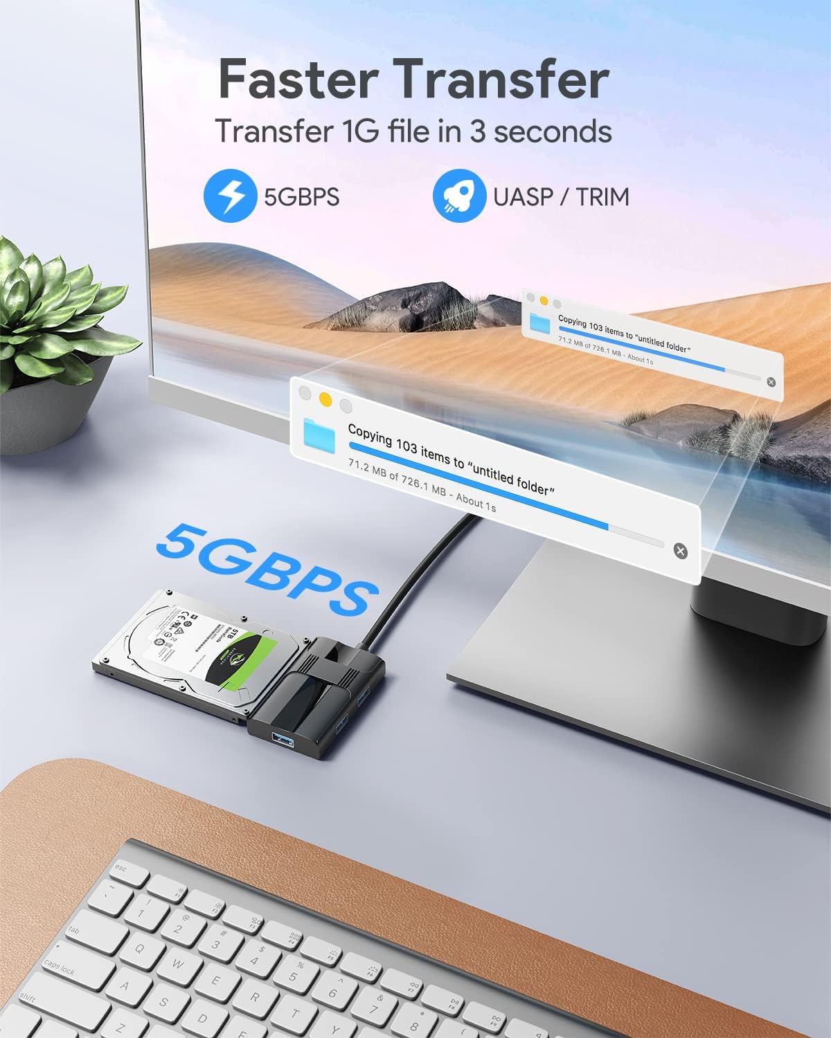 SATA to USB 3.0 Adapter, ABLEWE Hard Drive Adapter Converter Cable with 3 USB 3.0 Ports for External 3.5/2.5 Inch SSD HDD SATA III Hard Drive Disk, Support UASP, Included Power Adapter