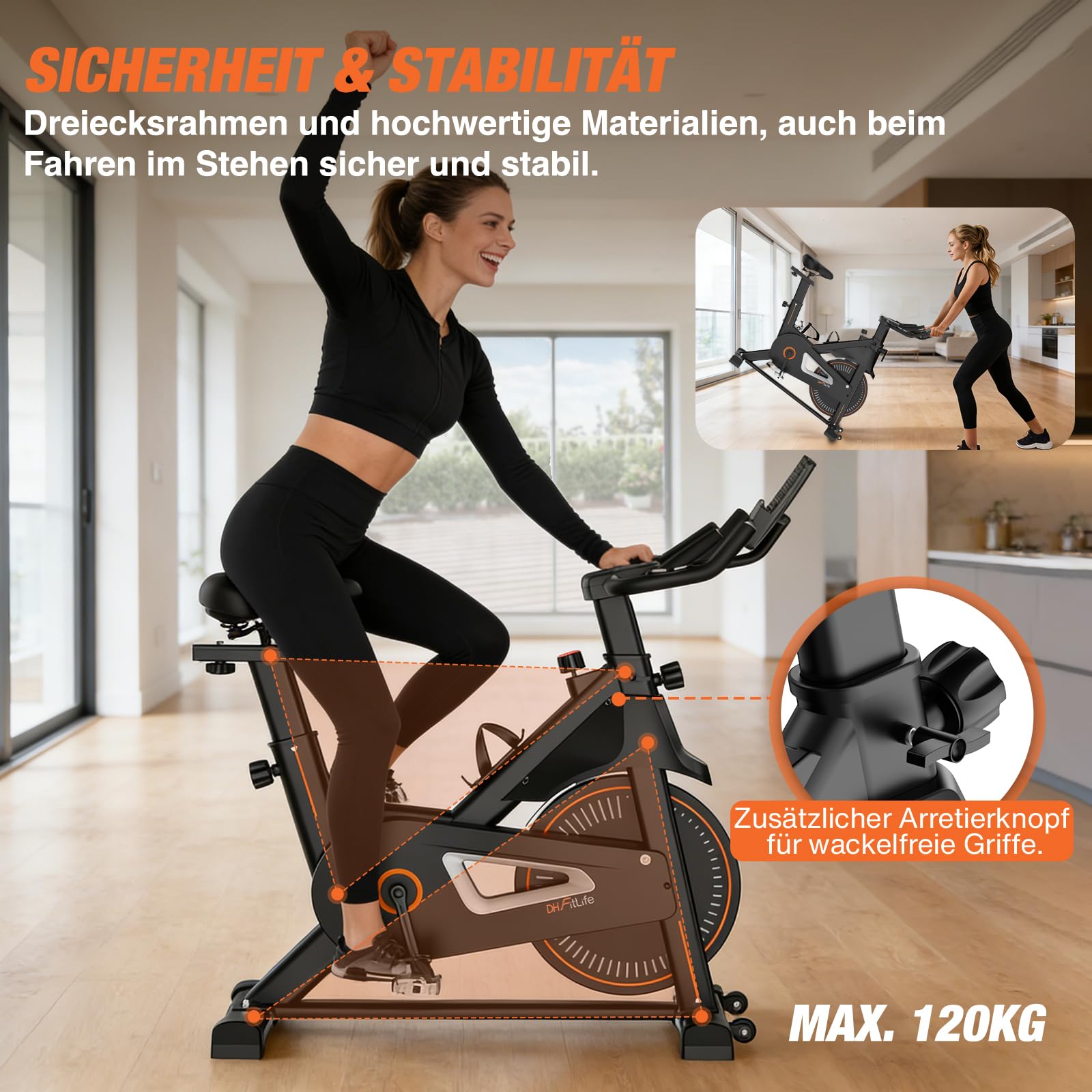 DH FitLife Heimtrainer Fahrrad Ergometer mit Pulssensor, App & LED-Display | Leiser Magnetwiderstand｜Notbremse｜Mehrgriff-Lenker｜150–195 cm｜Stahlrahmen｜Transportrollen｜Spinning Bike Indoor & Hometrainer