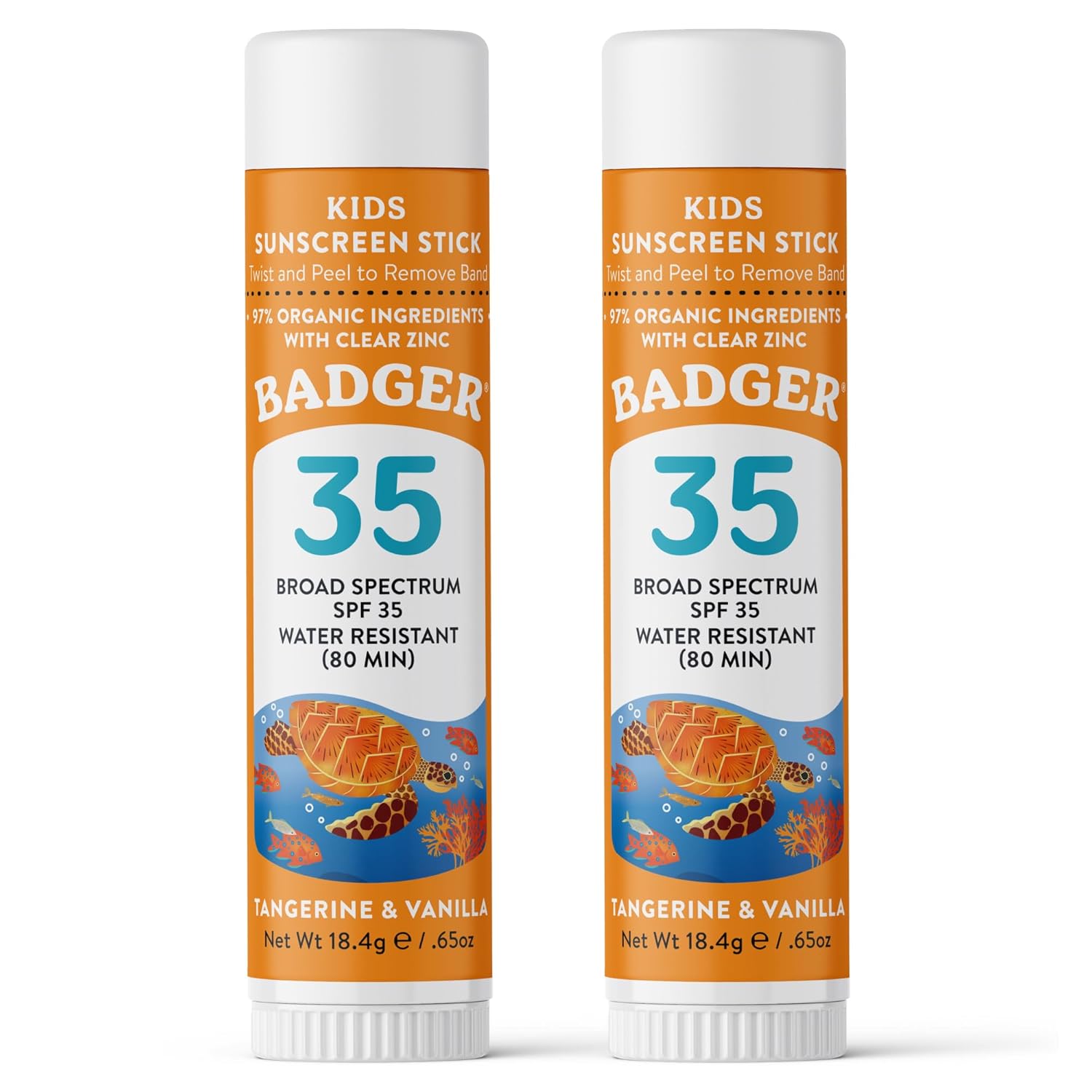 Badger Mineral Kids Sunscreen Face Stick SPF 35, Zinc Oxide Travel Size Sunscreen Stick for Kids, 97% Organic Ingredients, Reef Safe, Water Resistant, .65 oz, 2-Pack