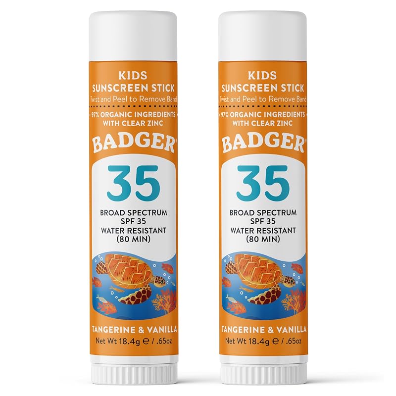 Protetor solar facial mineral em bastão Badger para crianças FPS 35, fragrância de tangerina e baunilha, Pacote com 2
