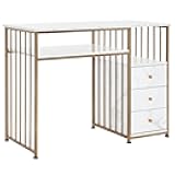 BarberPub Manicure Table for Nail Tech, Golden & Marbling Texture Nail Desk with Storage Drawers and Shelf, Home Salon Spa Equipment, Beauty Nail Table with Metal Frame 2407