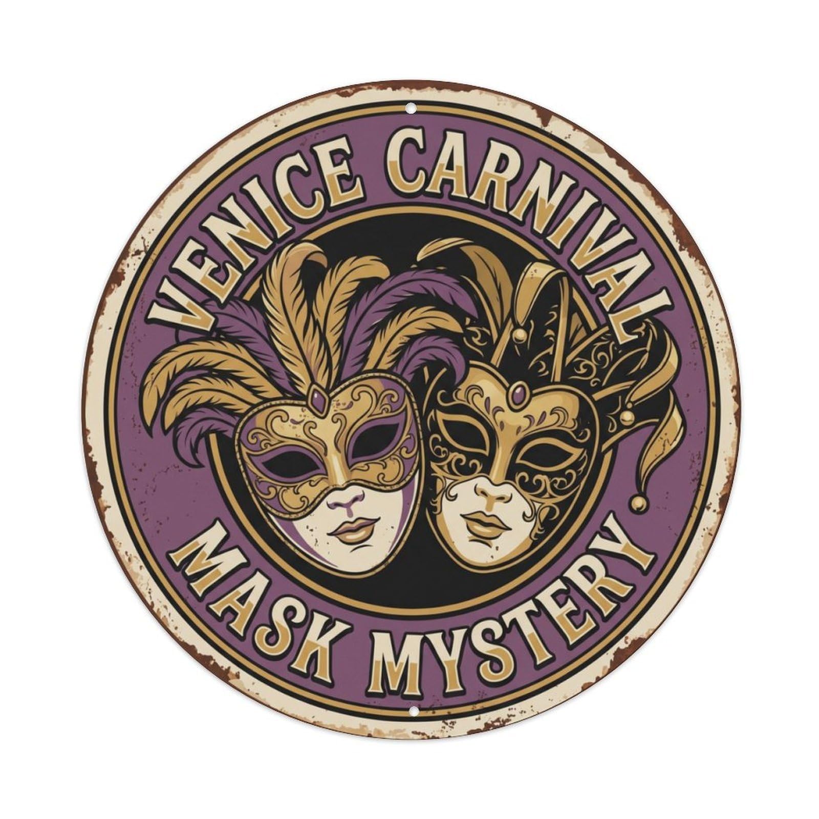Carnival Mask Mystery Venice Festival Metal Tin Sign Plaque Wall Decor for Cafe, Club Bar, Office, Home Garden Round Metal Poster 8x8Inch
