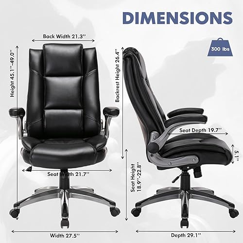 Miniatura 3 de Silla de oficina ejecutiva de cuero, silla de escritorio de computadora con respaldo alto con brazos abatibles acolchados, bloqueo de inclinación