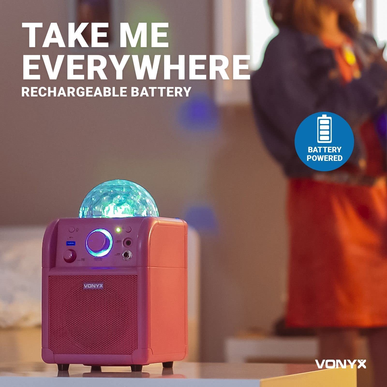 Vonyx SBS50P Ensemble karaoké avec microphone, Bluetooth et effet lumineux LED, Rose, Bluetooth, Batterie 3.7 Volts, Jelly Ball, Boule Disco, Soirée entre Amis/Famille, Effet Echo