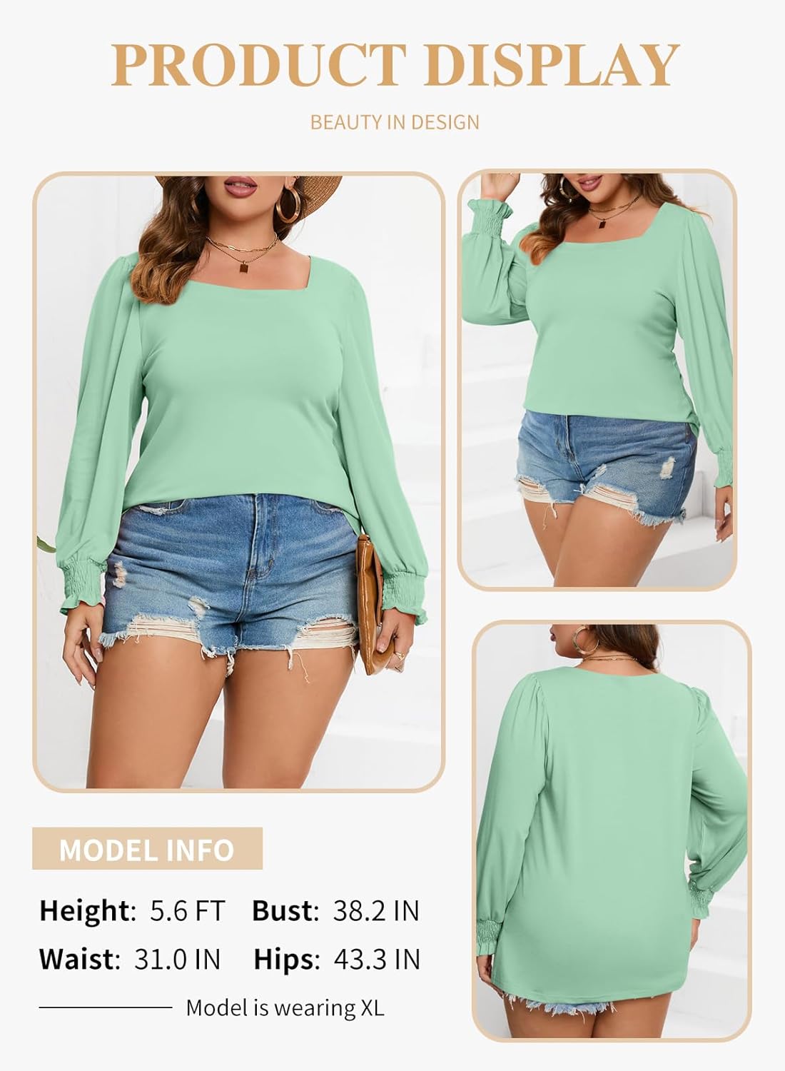 Eytino Womens Plus Size Fall Tops Square Neck Puff Long Sleeve Casual Loose Tee Shirts(1X-5X) - Image 3