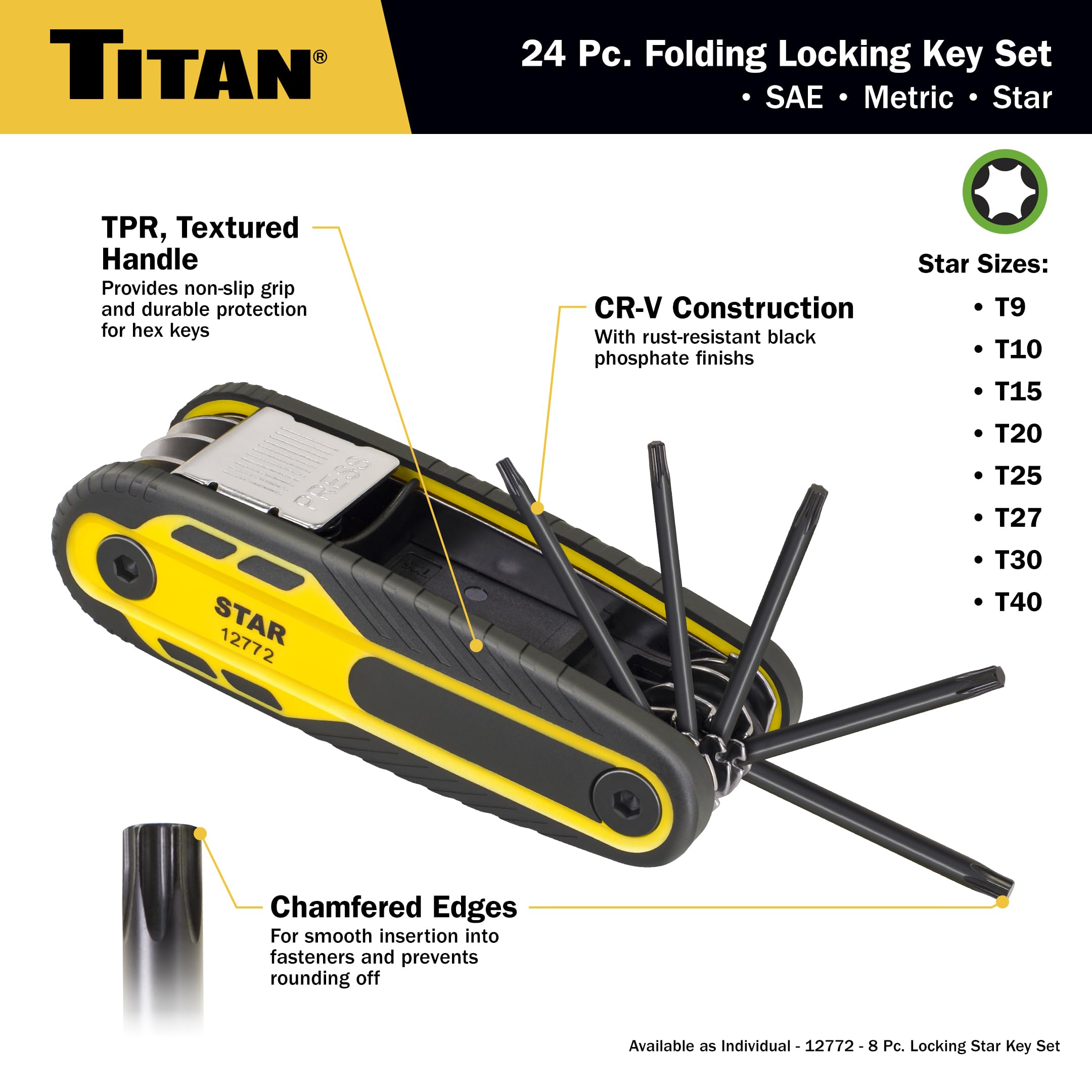 Titan 12773 Lot de 24 clés hexagonales pliantes à verrouillage métrique