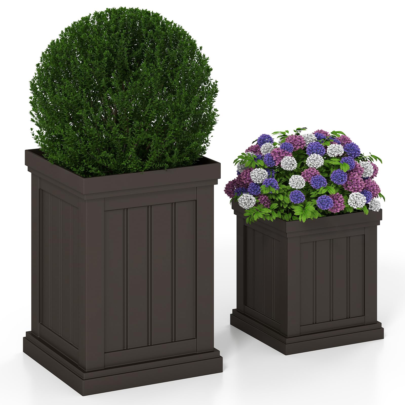 COSTWAY 2 er Pflanzkübel Quadratisch, 48/31,5 cm hoch, Pflanzgefäße wetterfest stapelbar, Blumentöpfe mit Entwässerungslöchern, PP Kunststoff, Übertopf für Garten Terrasse Hinterhof Balkon, Braun