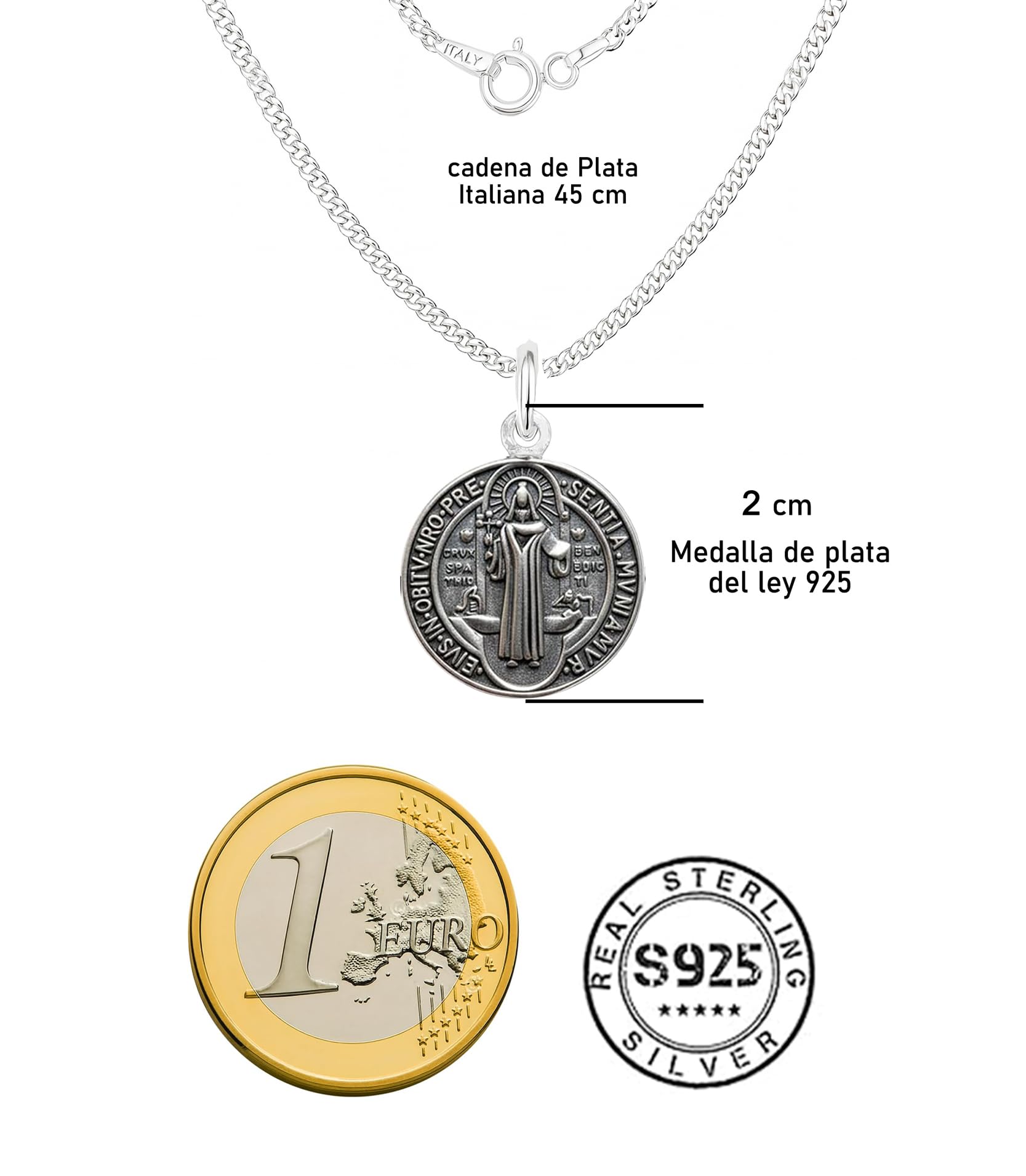 Only faith Naszyjnik z medalem św. Benedykta ze srebra próby 925, naszyjnik 45 cm, medal 1,5 cm 2 cm, dwustronny z krzyżem mocy