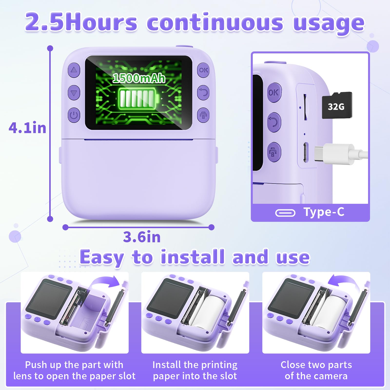 Instant Print Camera for Kids, Christmas Birthday Gifts for Girls Boys, 1080P Instant Digital Print Cameras for Toddler,Portable Toy for 4 5 6 7 8 9 10 Year Old Girl with 32GB SD Card，Purple