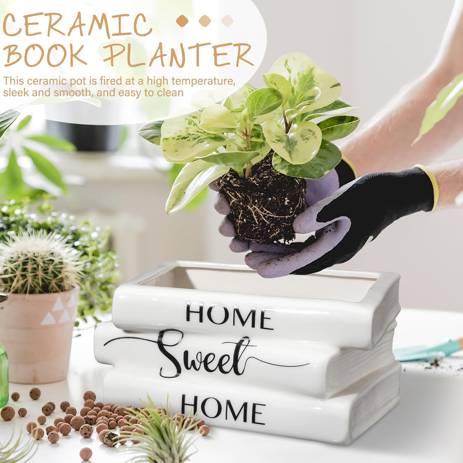 Ceramic Book Planter Pot Small Book Shaped Decorative Planter Rustic Farmhouse White Flowers Vase for Books Lovers Home Decor Bookshelf Living Room Aesthetic Decor Housewarming Gift