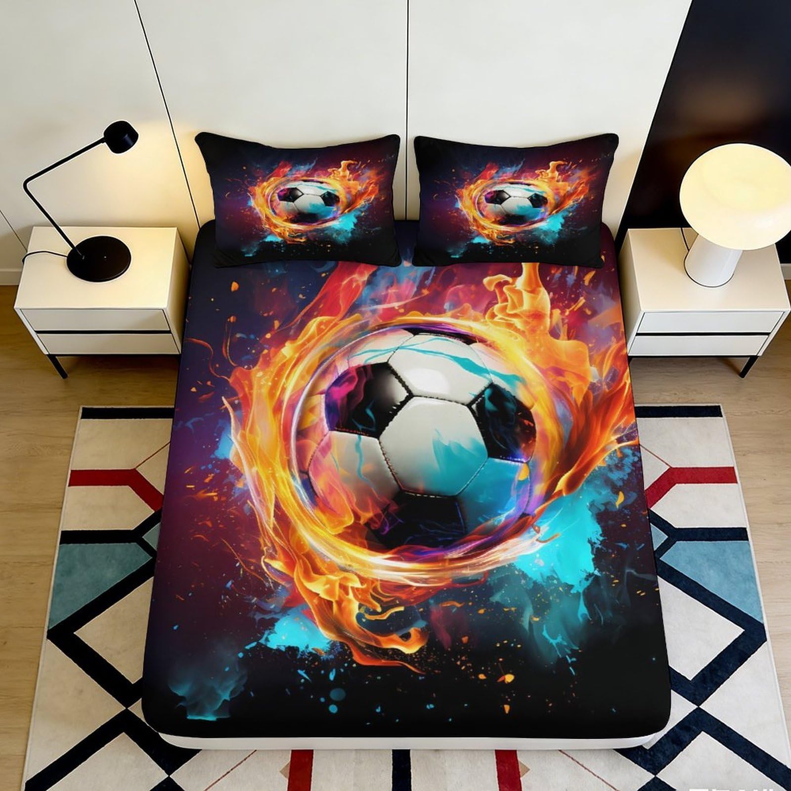 3D Printed Fiery Soccer Ball Fitted Sheet Microfiber Soft Breathable Flame Pattern Bed Sheet for Bedroom Dormitory Guest Room Mattress Protection 140x200x25cm