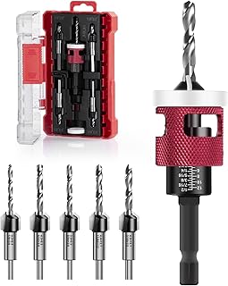Countersink Drill Bit Set - 5 Pcs Countersink Drill Bit with Low Friction Depth Stop, Replaceable HSS M2 Tapered Bits, Carbide Drill Bits 1/4” Hex Shank for Woodworking Tools & Hand Tools