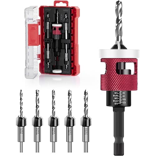 Countersink Drill Bit Set - 5 Pcs Countersink Drill Bit with Low Friction Depth Stop, Replaceable HSS M2 Tapered Bits, Carbide Drill Bits 1/4” Hex Shank for Woodworking Tools & Hand Tools