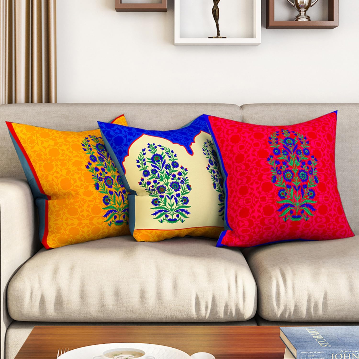 SEJ by Nisha Gupta Set of 3 Cushion Cover 16 Inch x 16 Inch | Printed Polycotton Cushions for Sofa | Decorative Cushion Pillow | Square Pillow Covers for Sofa Living Room- (B0BX9KQZT6) Amazon Price History, Amazon Price Tracker