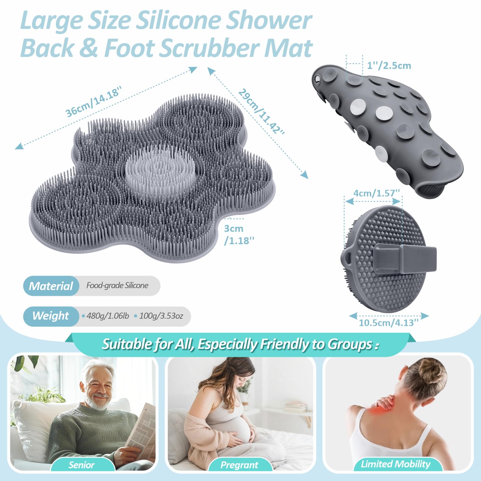 Juego de alfombrilla de silicona para pies de ducha y limpiador corporal de silicona, limpiador de espalda grande montado en la pared para limpiar, exfoliar y masajear sin doblarse (gris +