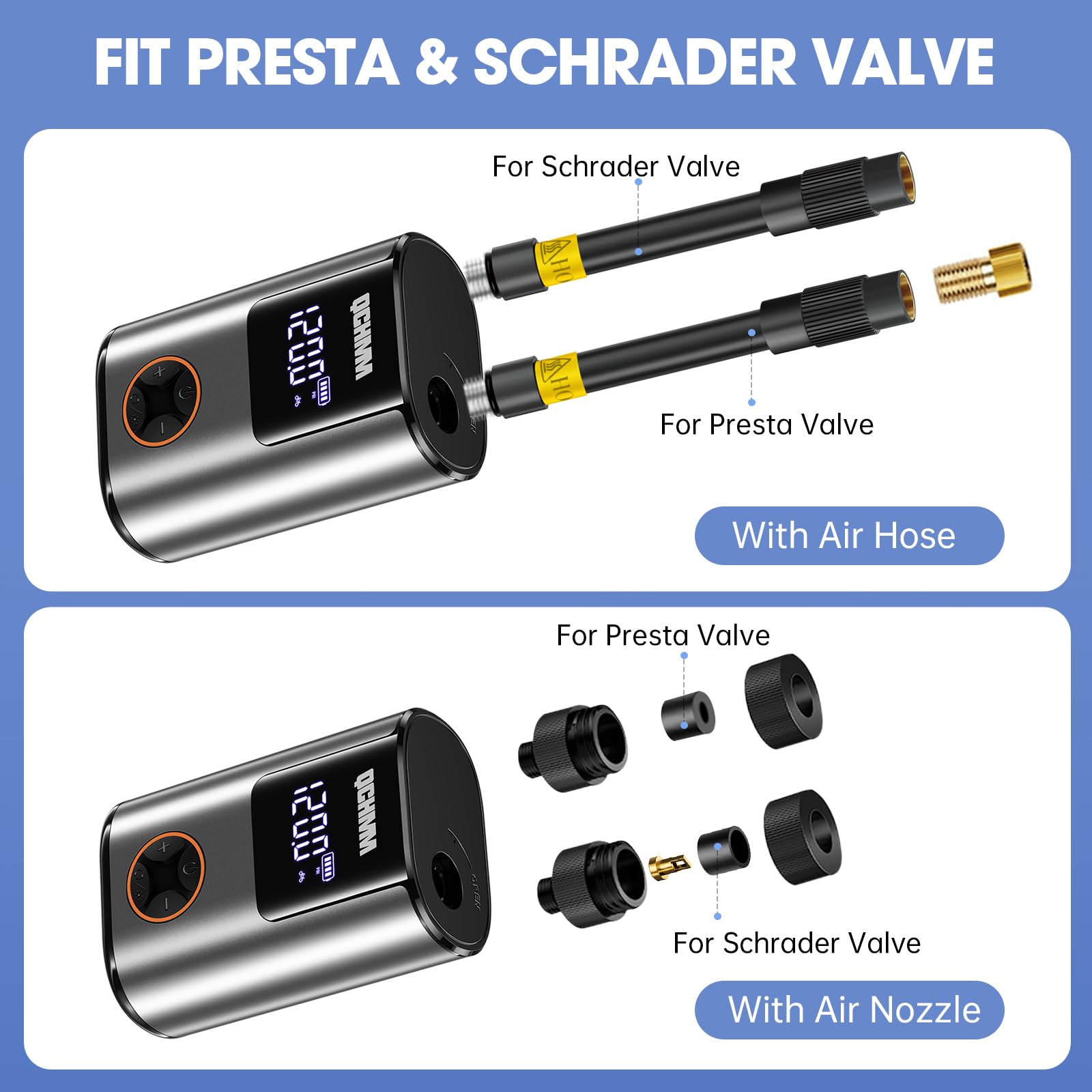Fahrradpumpe Elektrisch, Mini Elektrische Luftpumpe Fahrrad,fahrradpumpe mit Manometer für Schrader- und Presta Ventil, 120PSI Akku Luftpumpe, PSI/BAR Units, Auto-Off und LED-Licht