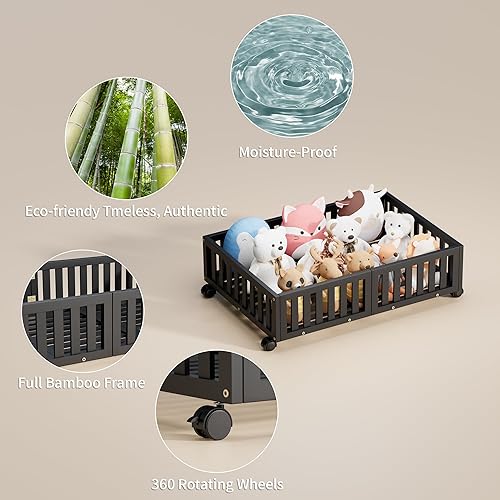 Miniatura 3 de Almacenamiento de bambú debajo de la cama con ruedas (paquete de 2)  Caja organizadora de zapatos con ruedas para zapatos, mantas, juguetes,