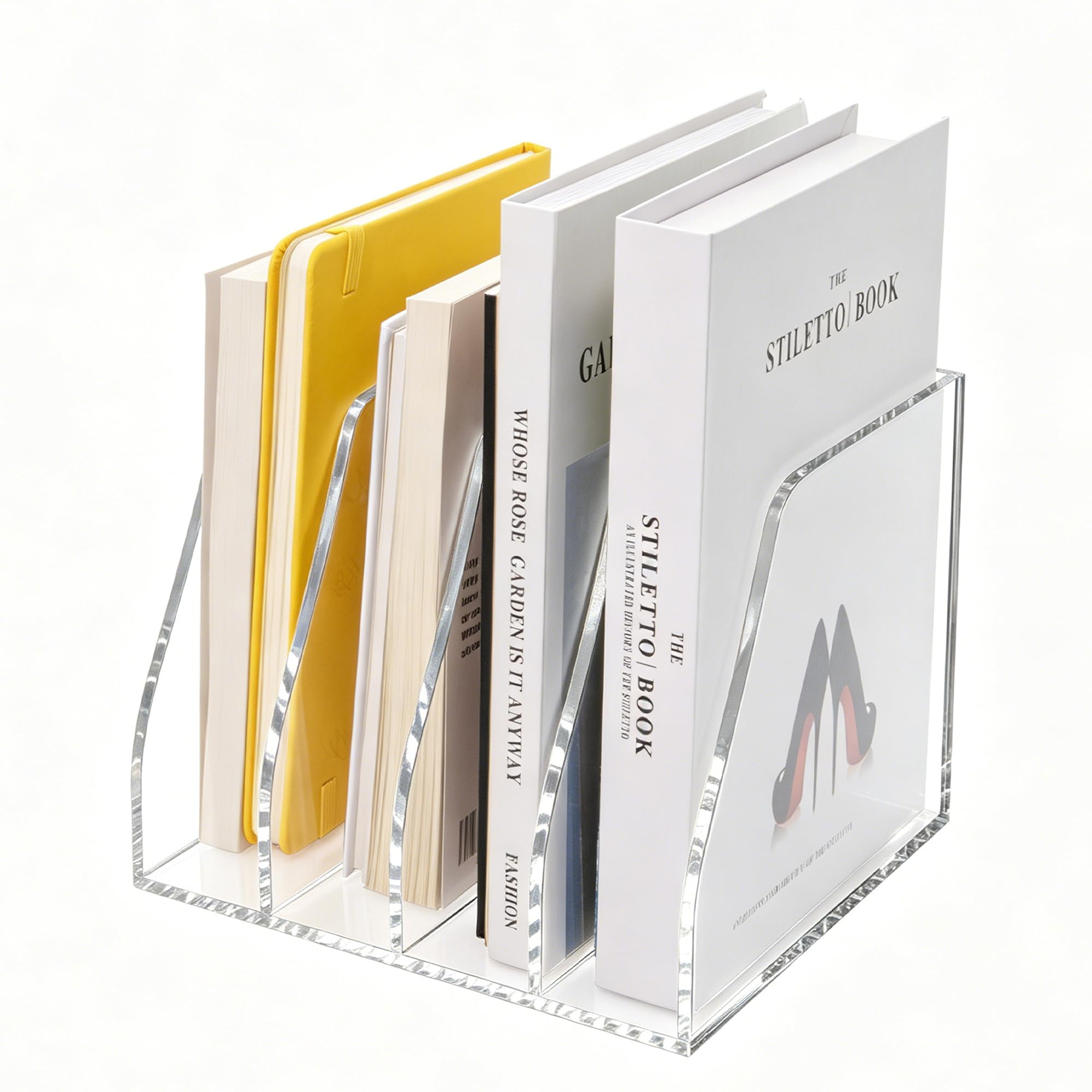 Photo 1 of Lovemolly Acrylic Magazine File Holder – 4-Slot Clear Desk Organizer, Vertical Document Sorter for Office, Home & Classroom, No-Assembly Tabletop Rack for Folders, Books & Tablets, 7.09x8.07x6.3 in