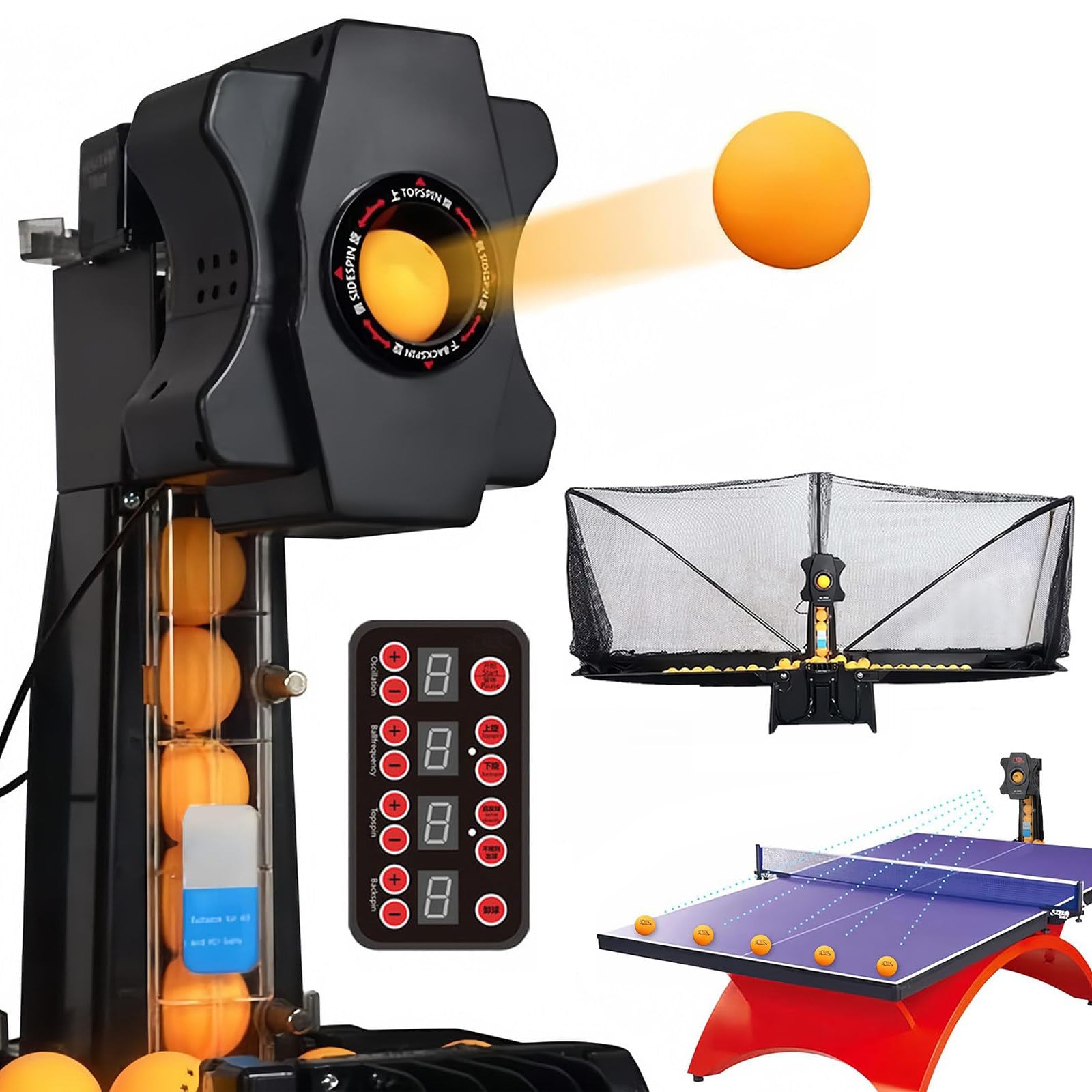 Robot da Ping Pong con capacità Oltre 300 Palline, 9 modalità di Rotazione, Doppia Ruota, velocità Regolabile 4-40 m/s, Recupero Automatico Palline per Allenamento a Casa e Club