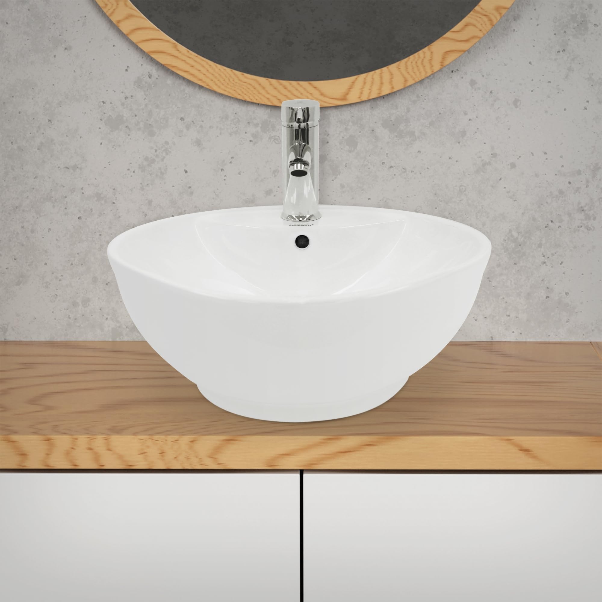 LuxeBath Design umywalka podumywalkowa ceramiczna okragla biala Ø455x185 mm elegancka umywalka nablatowa reczna wodospadowa nowoczesna trwala latwa w czyszczeniu do lazienki i toalety goscinnej