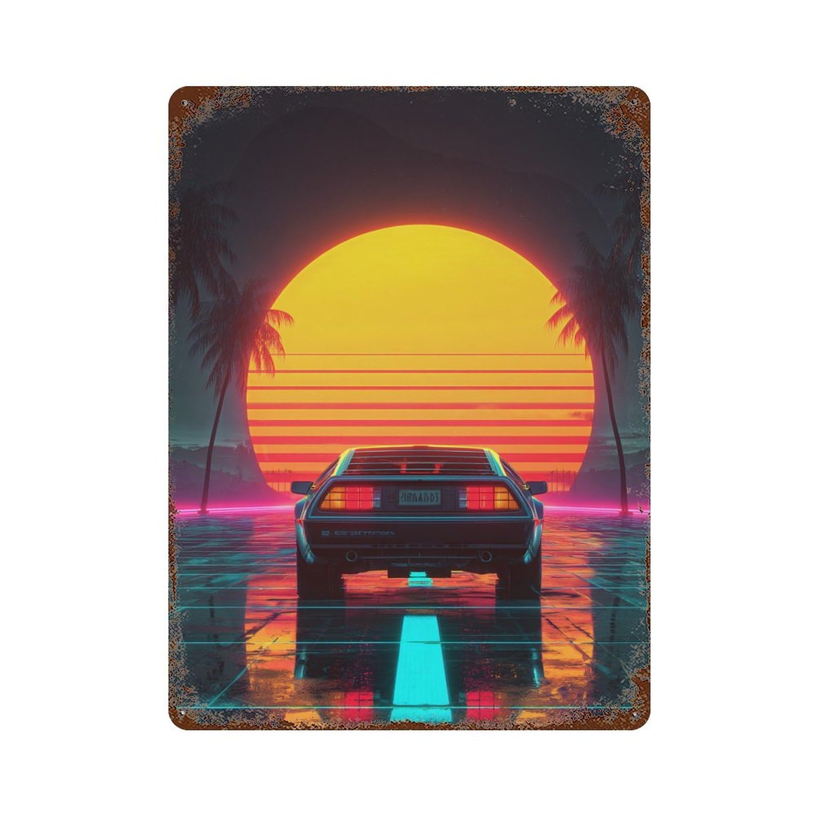Neon Sunset Car Scene 15.7"x11.8" Rust Effect Tin Sign, Vintage Wall Decor for Farmhouse, Kitchen And Entryway Decor